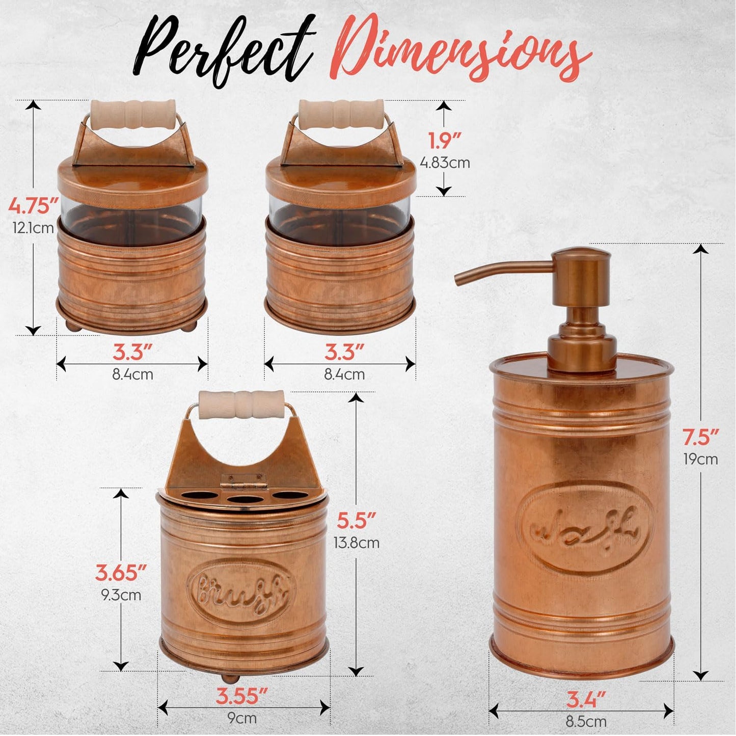 Juego de 4 accesorios de baño rústicos Dispensador de jabón de granja de cobre,