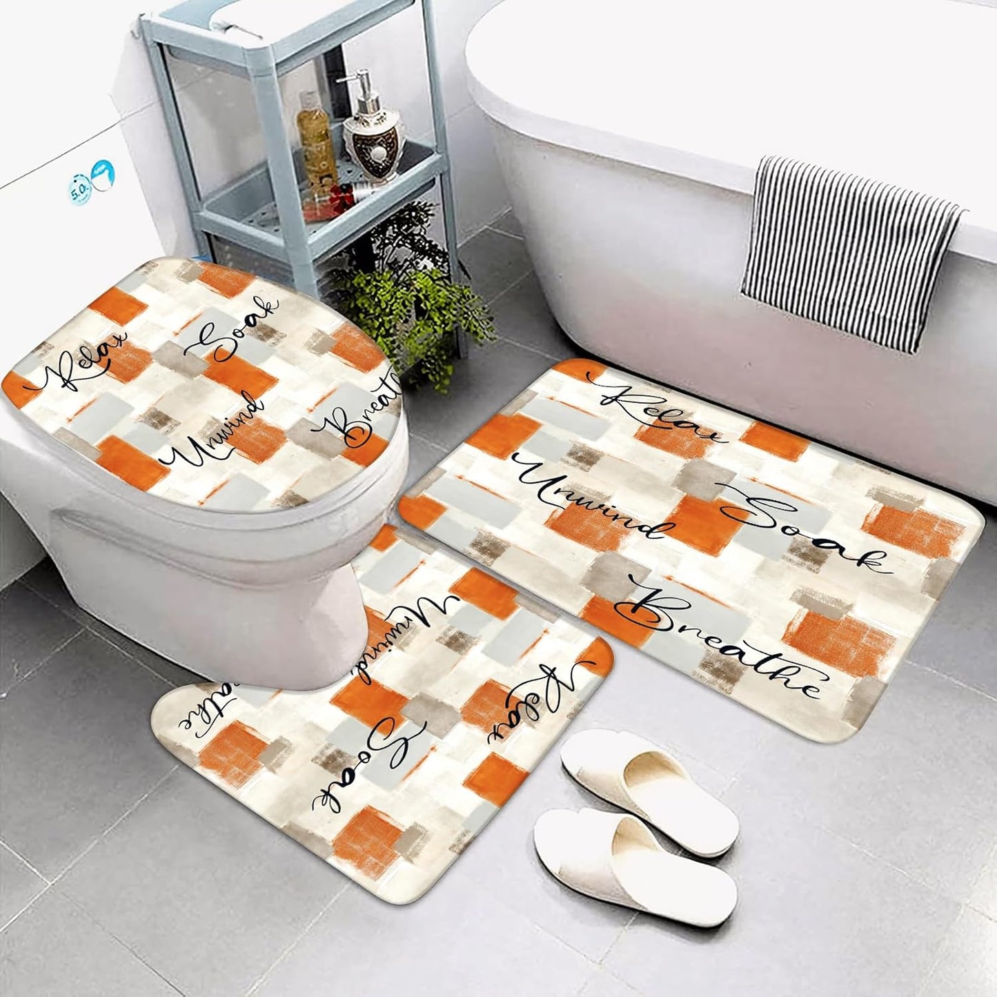 Juego de 4 cortinas de ducha color naranja, juego de baño abstracto naranja con
