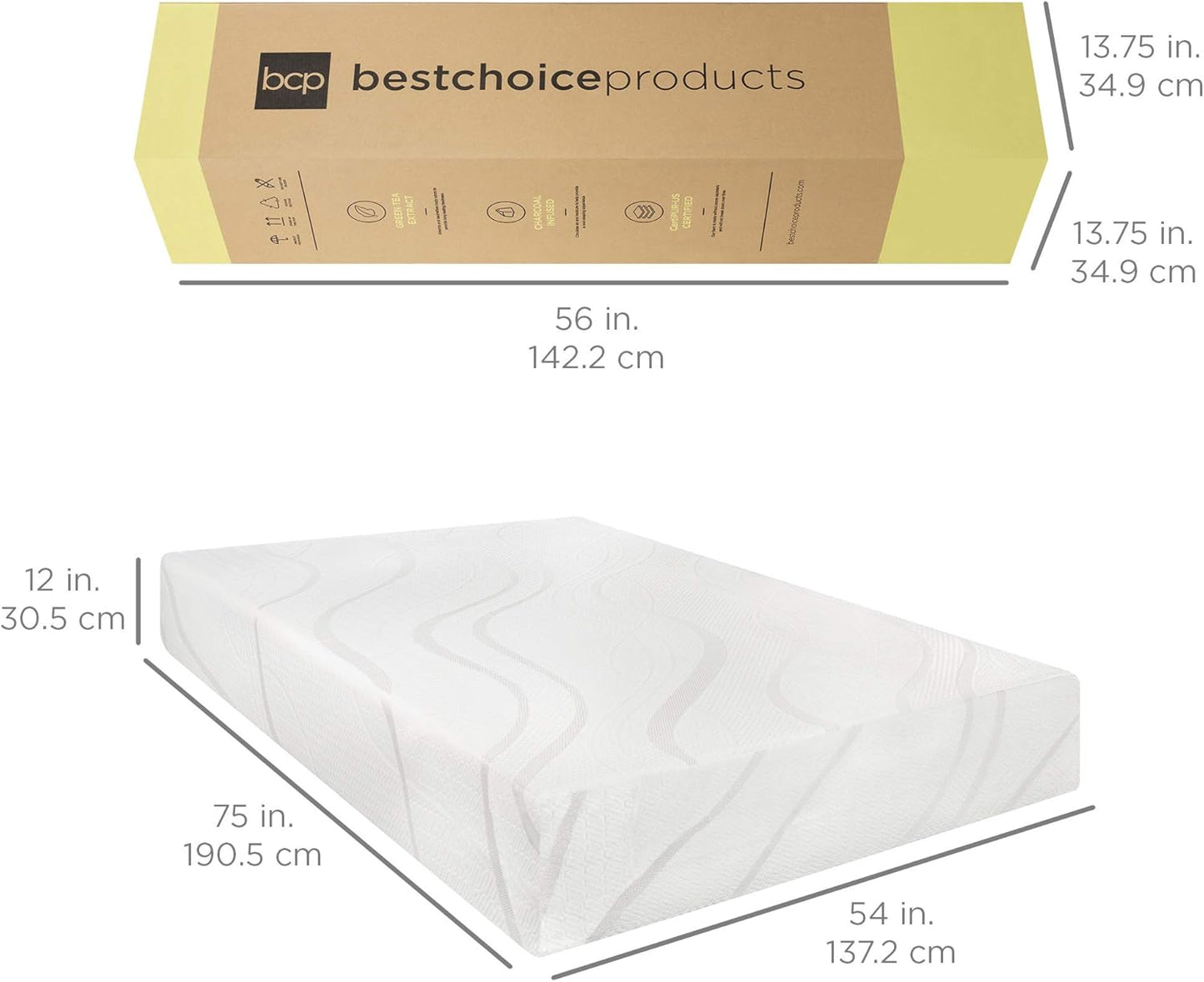 Colchón de espuma viscoelástica de gel refrescante de carbón de té verde de 12