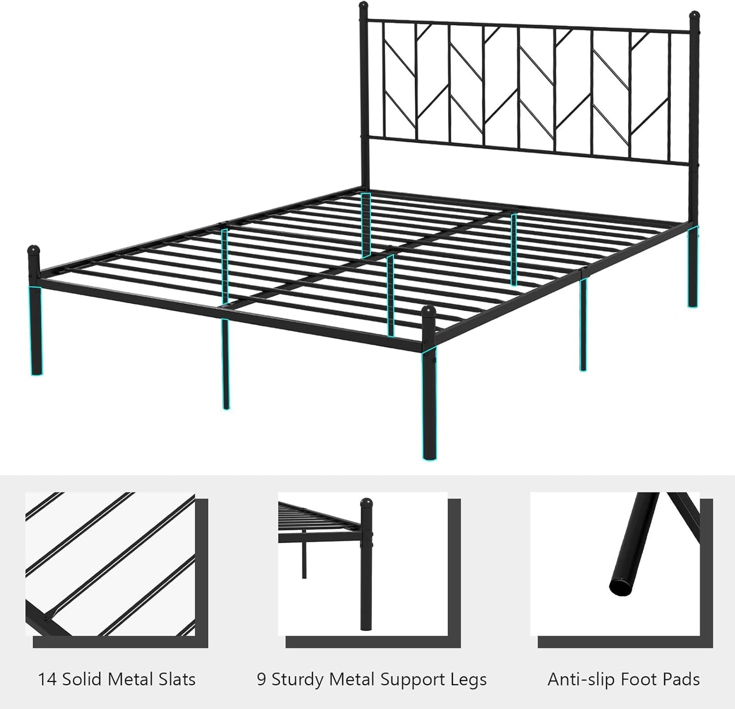 Base de cama de metal negro Queen con cabecera de estilo victoriano, plataforma