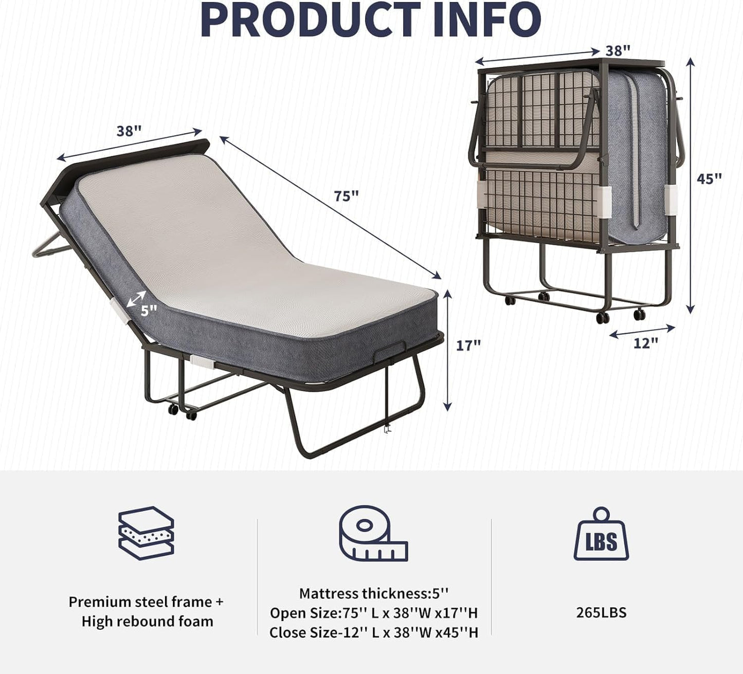 Cama plegable, cama plegable de 75 x 38 pulgadas con colchón de 5 pulgadas de