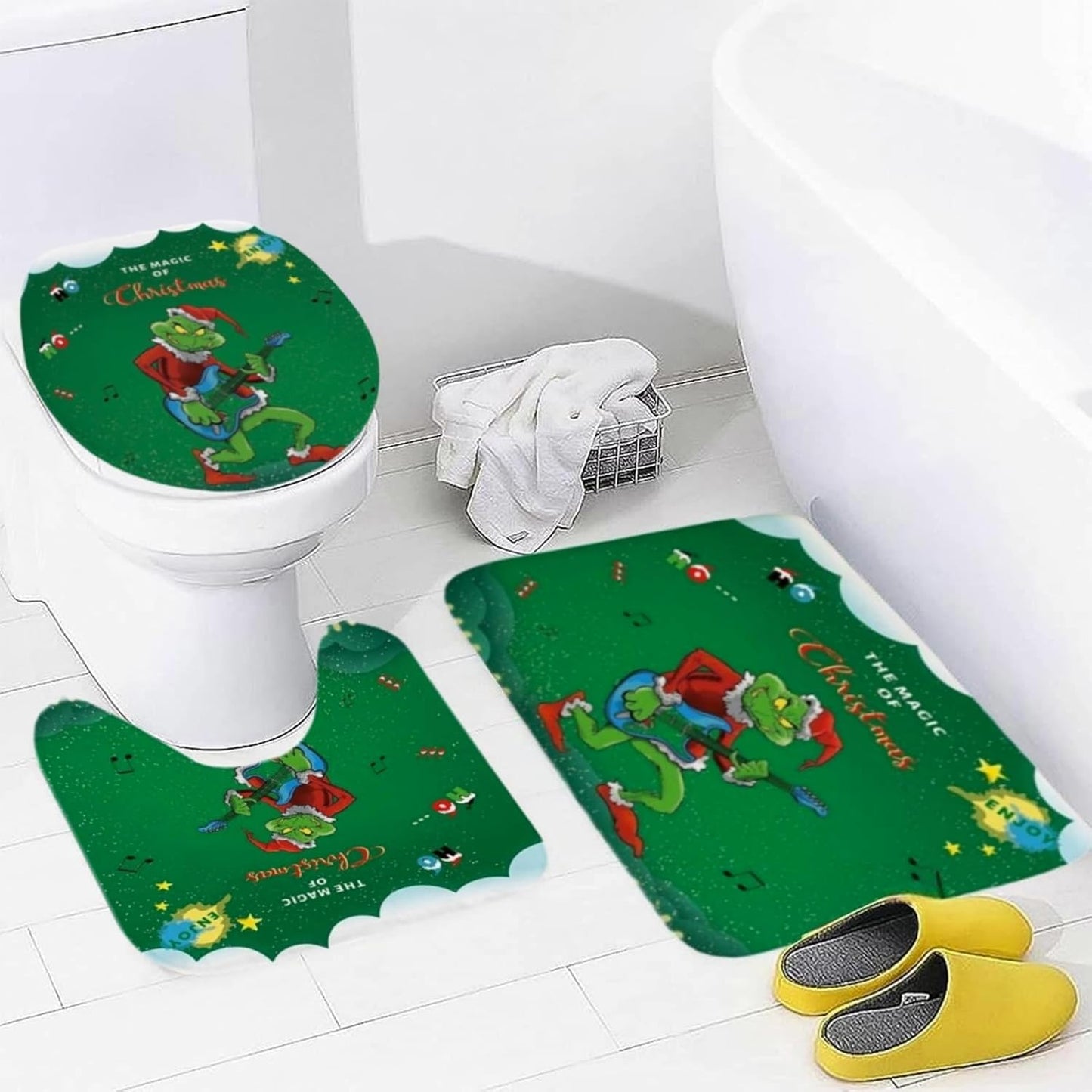 Juego de 4 cortinas de ducha navideñas con alfombras antideslizantes, cubierta