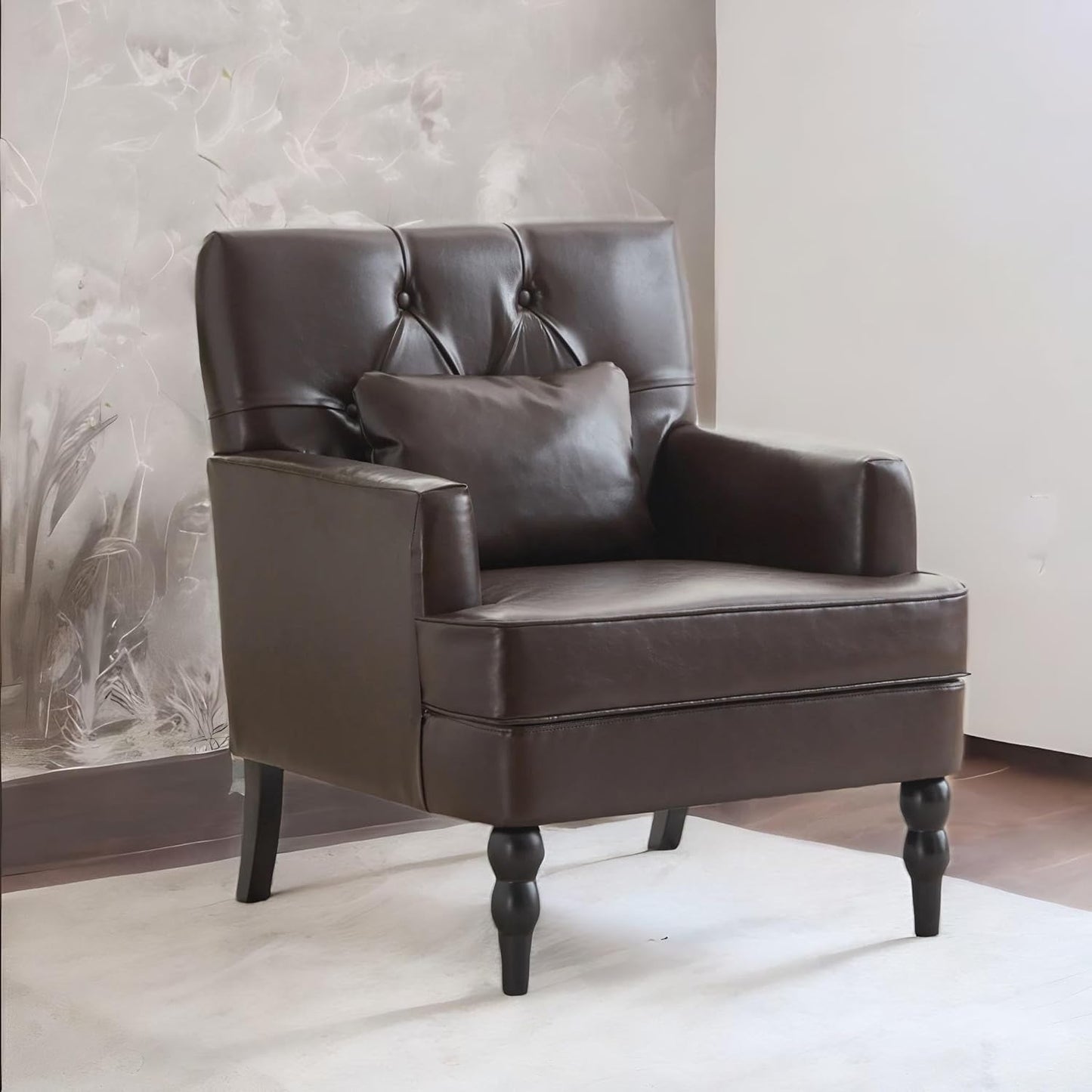 PULiving Silla de club de cuero, silla decorativa con almohada lumbar, sillón