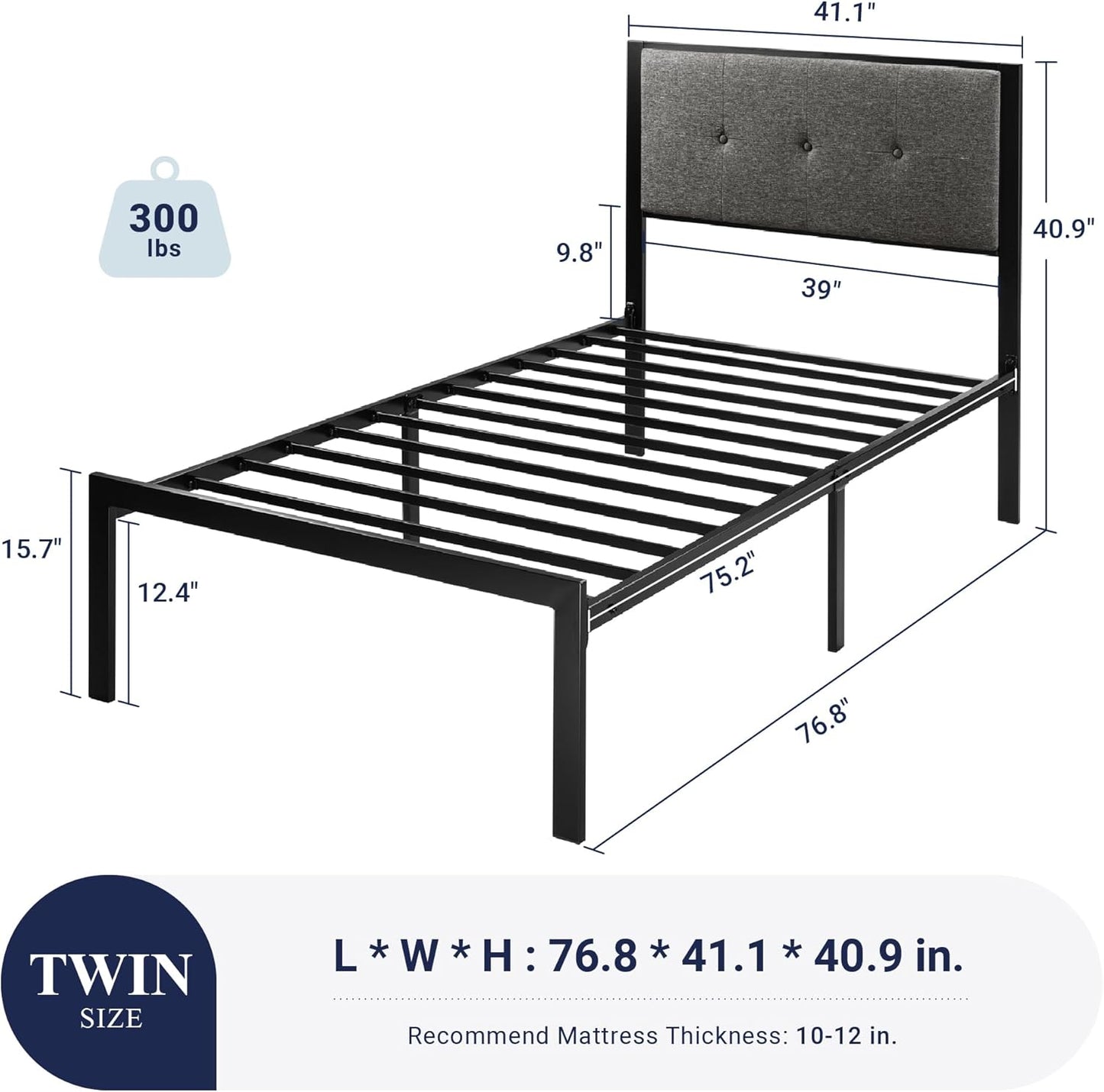 Base de cama individual con cabecera tapizada con botones para niños, base de