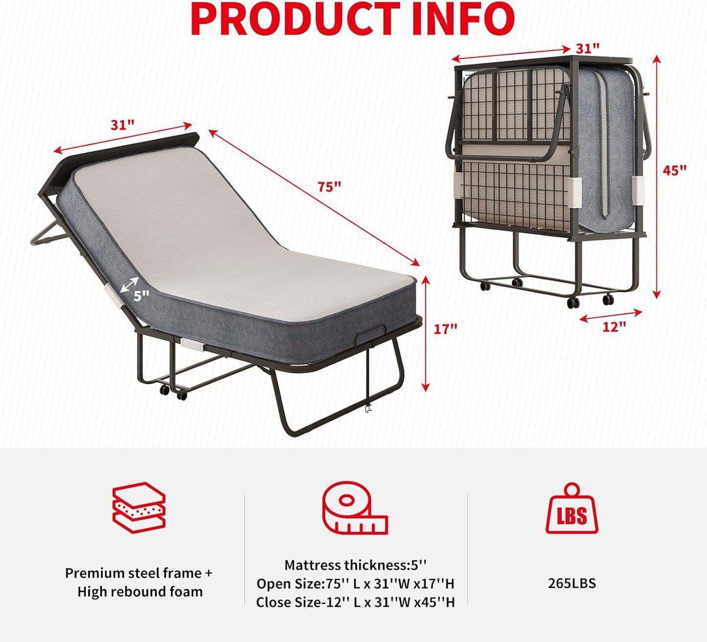 Cama plegable con colchón para adultos, cama plegable de tamaño individual con