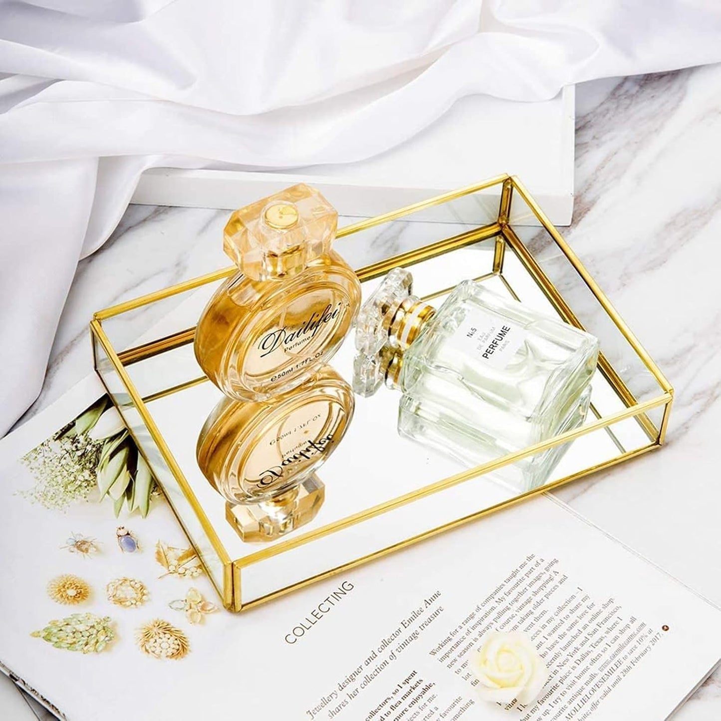 Paquete de 2 bandejas de perfume, bandeja de tocador dorada, bandeja decorativa
