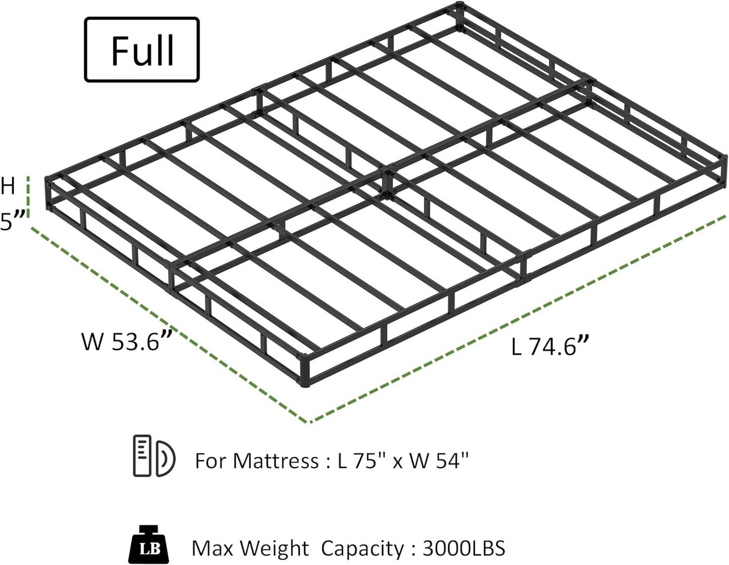 Base de cama tamaño matrimonial de 5 pulgadas, base de colchón de metal
