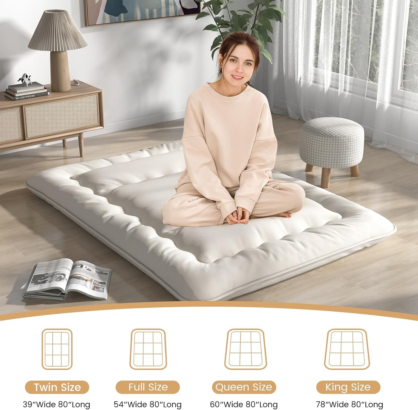Colchón japonés de futón, colchón enrollable de tatami con funda lavable y
