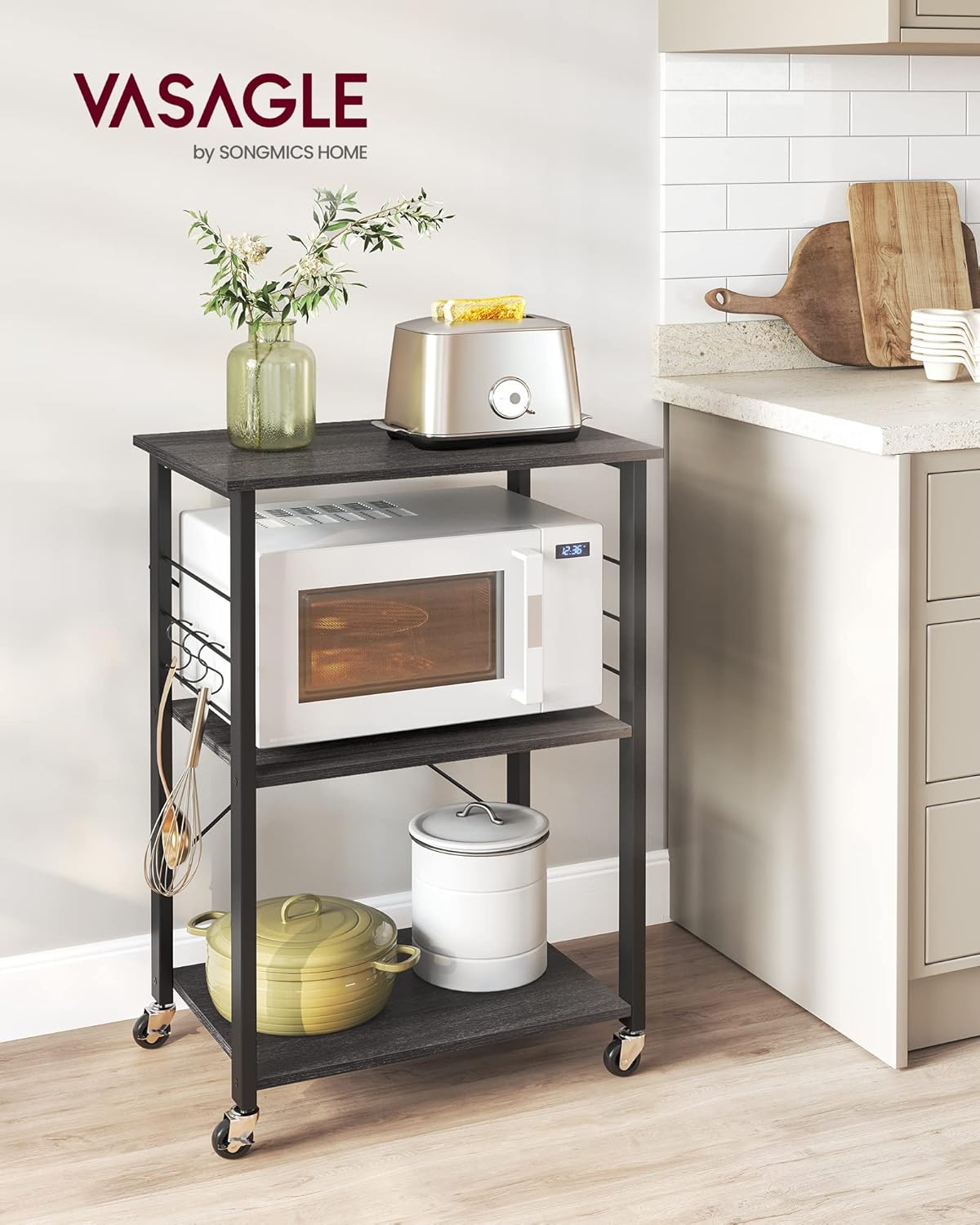 VASAGLE Estante de cocina con ruedas, carrito de servicio con 3 estantes,