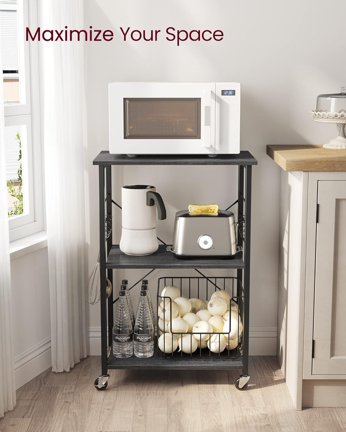 VASAGLE Estante de cocina con ruedas, carrito de servicio con 3 estantes,