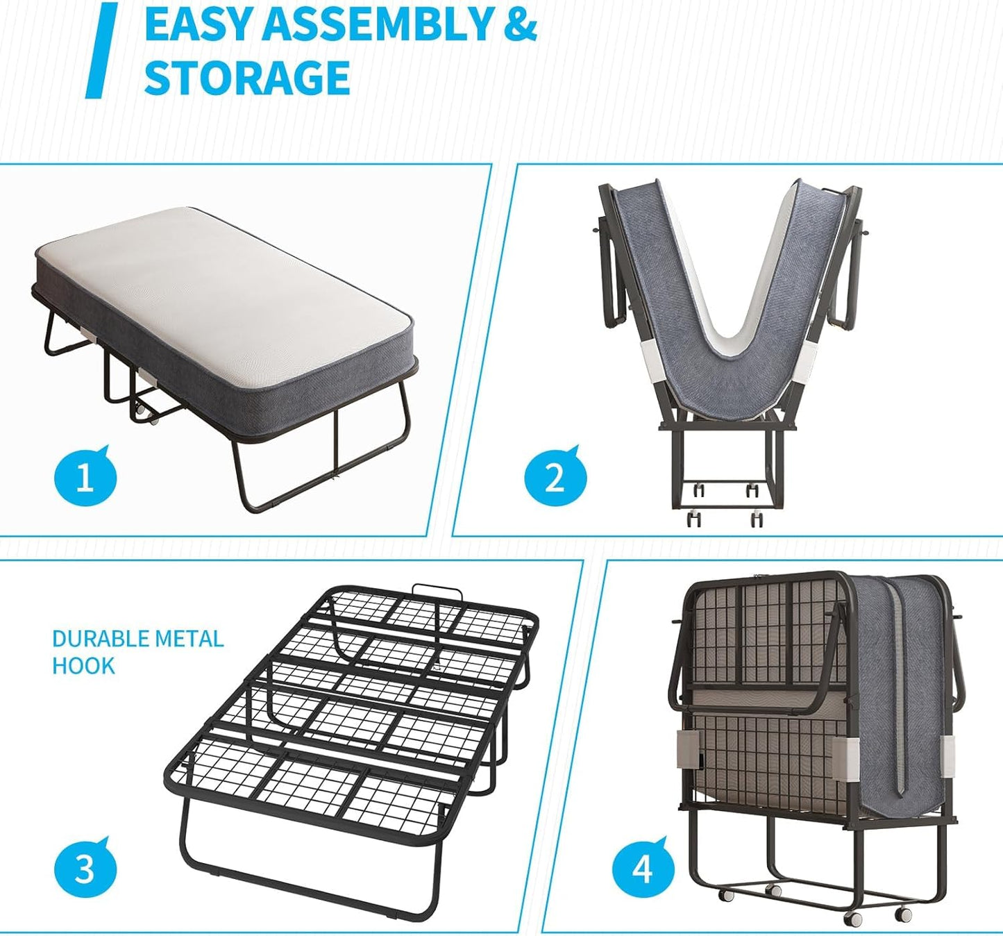 Cama plegable con colchón de espuma viscoelástica de 4 pulgadas, cama plegable