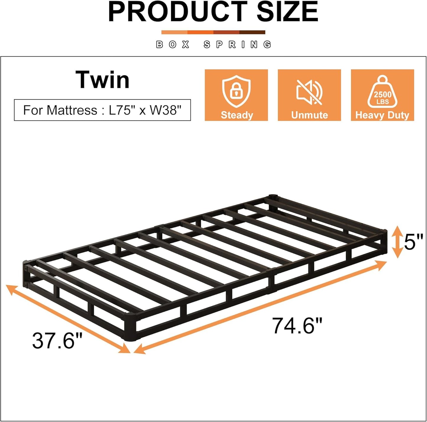 EMODA Base de cama con somier individual de 5 pulgadas, base de colchón de