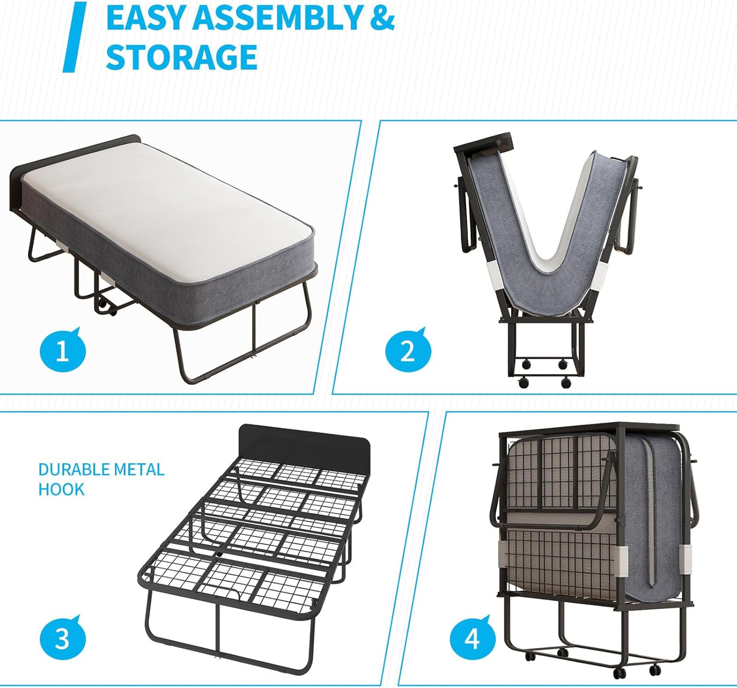 Cama plegable con colchón de espuma viscoelástica de 5 pulgadas, cama plegable