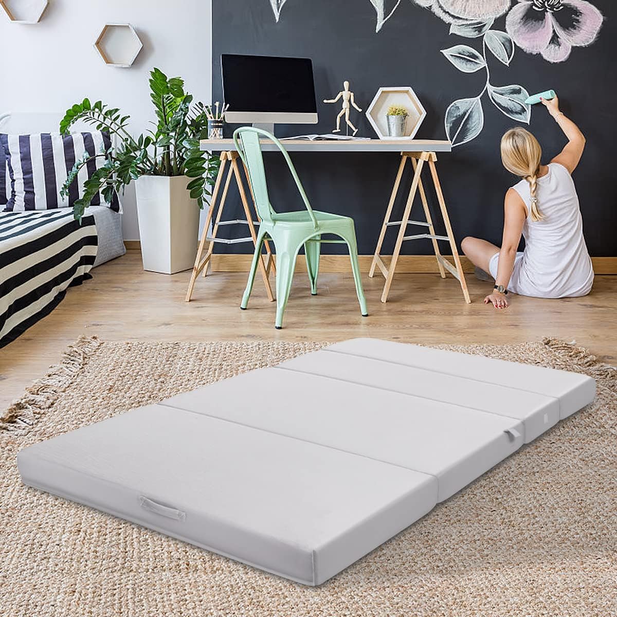 Colchón de espuma triple plegable de 4 pulgadas, tamaño individual XL con funda