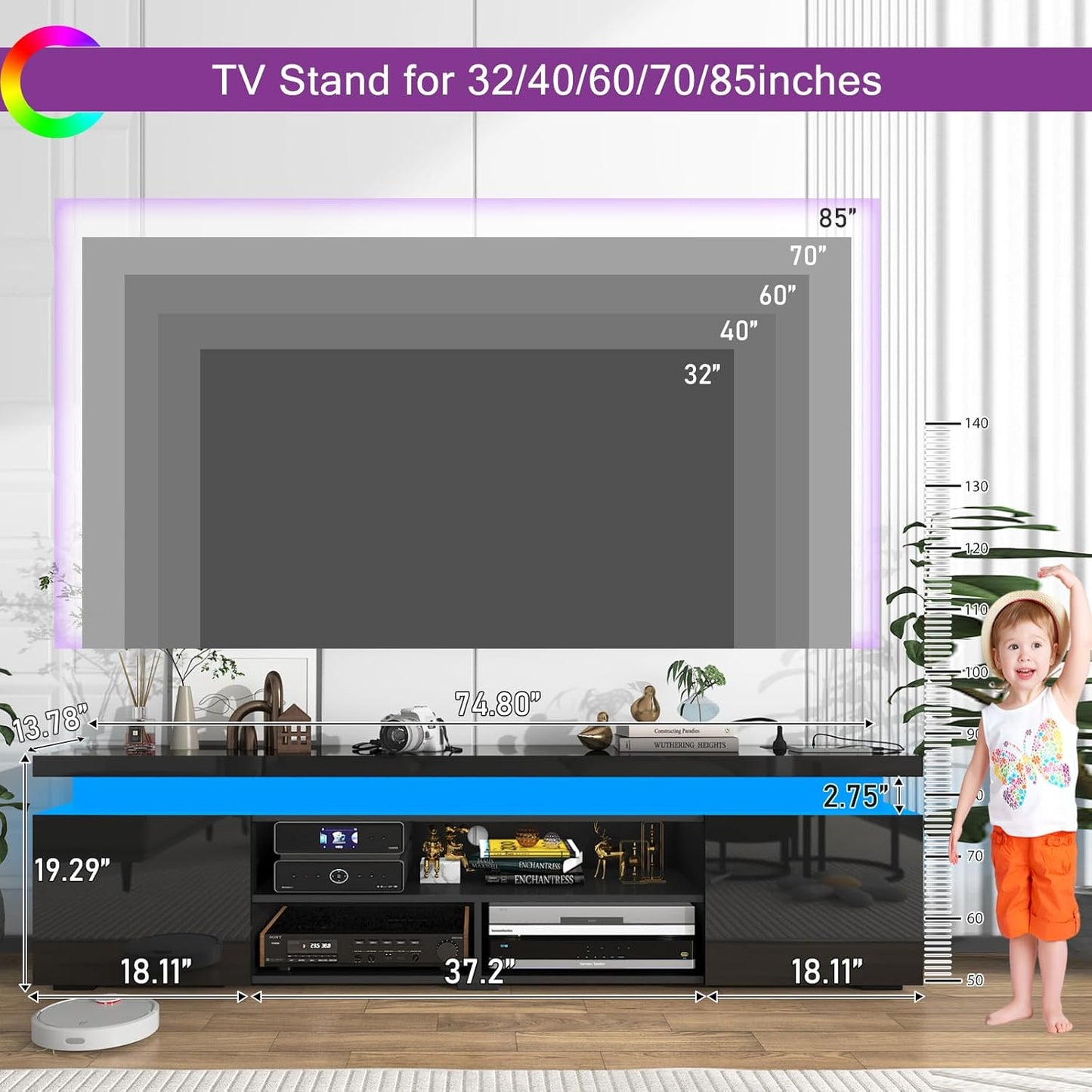 Soporte de TV LED para TV de 85 pulgadas, moderno soporte de TV para juegos con