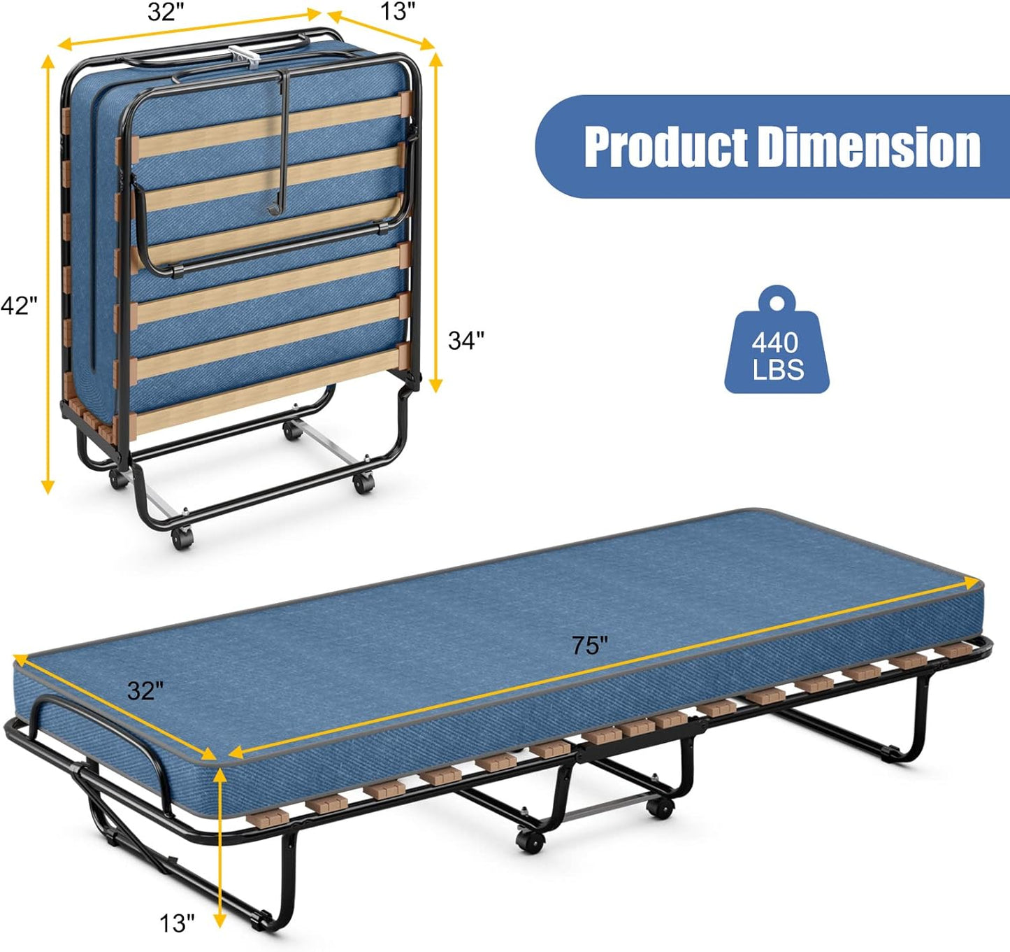 Cama plegable con colchón de 3 pulgadas, juego de cama portátil individual