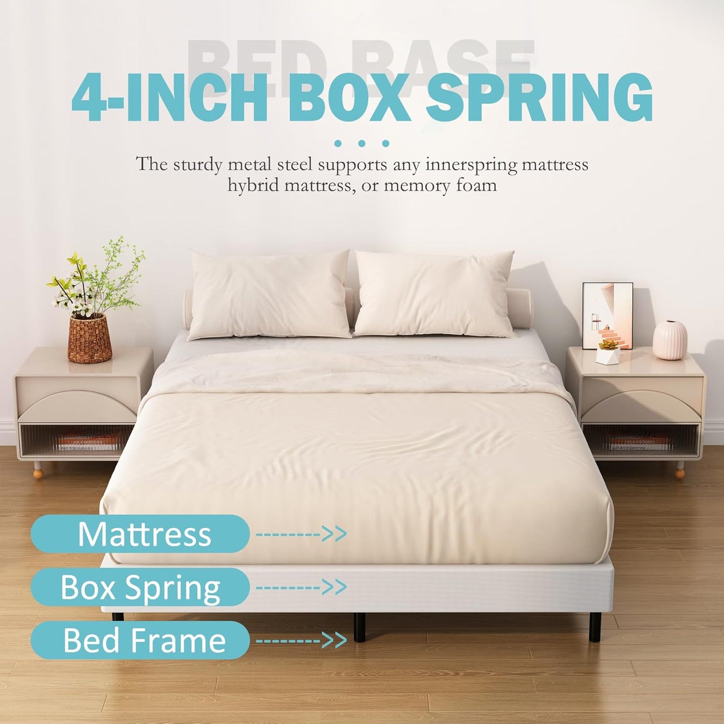 Base de cama King Box Spring de 4 pulgadas, base de colchón de metal de perfil