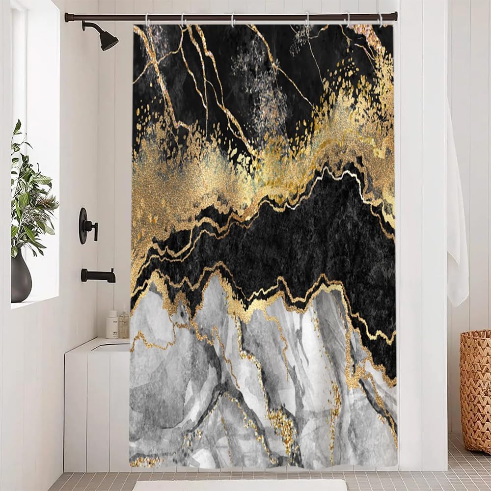 Cortina de ducha de mármol blanco y negro de 65 x 72 pulgadas, con purpurina
