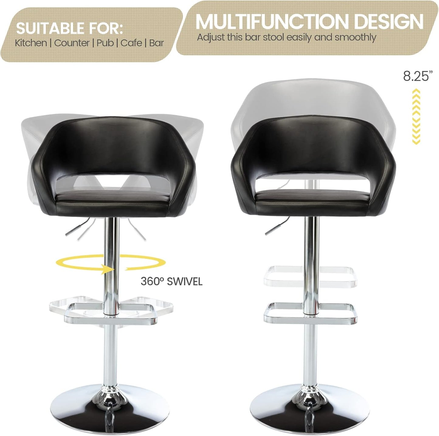 Taburete de bar ajustable con respaldo y brazos huecos, moderno taburete