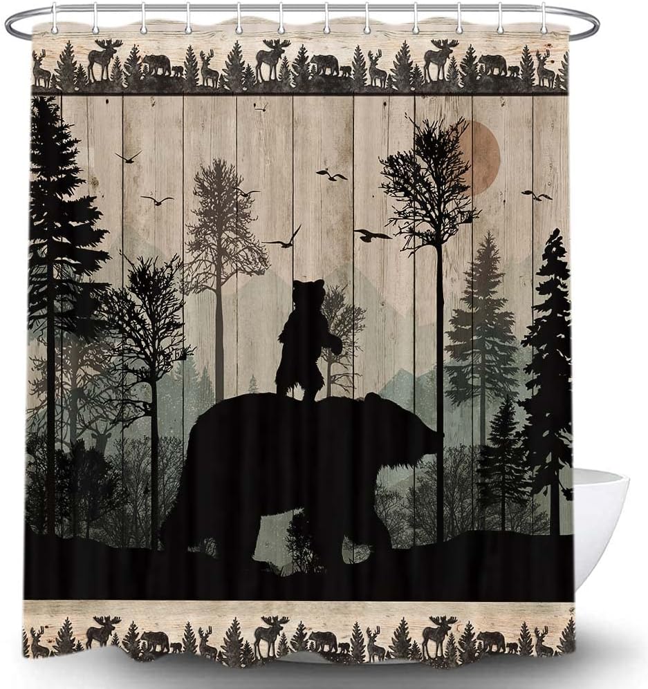 Juego de cortinas de ducha de oso rústico, diseño de bosque y bosque, caza,
