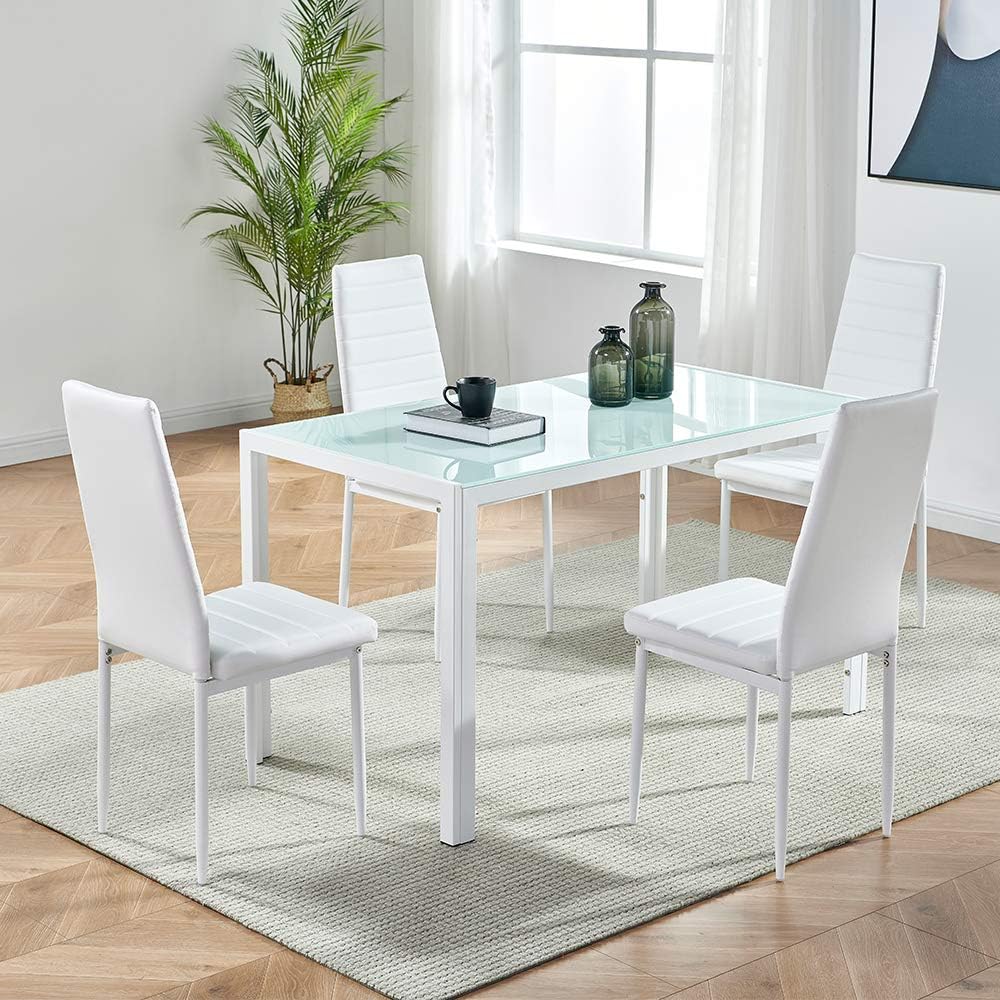 Mesa de comedor rectangular moderna con parte superior de vidrio blanco con