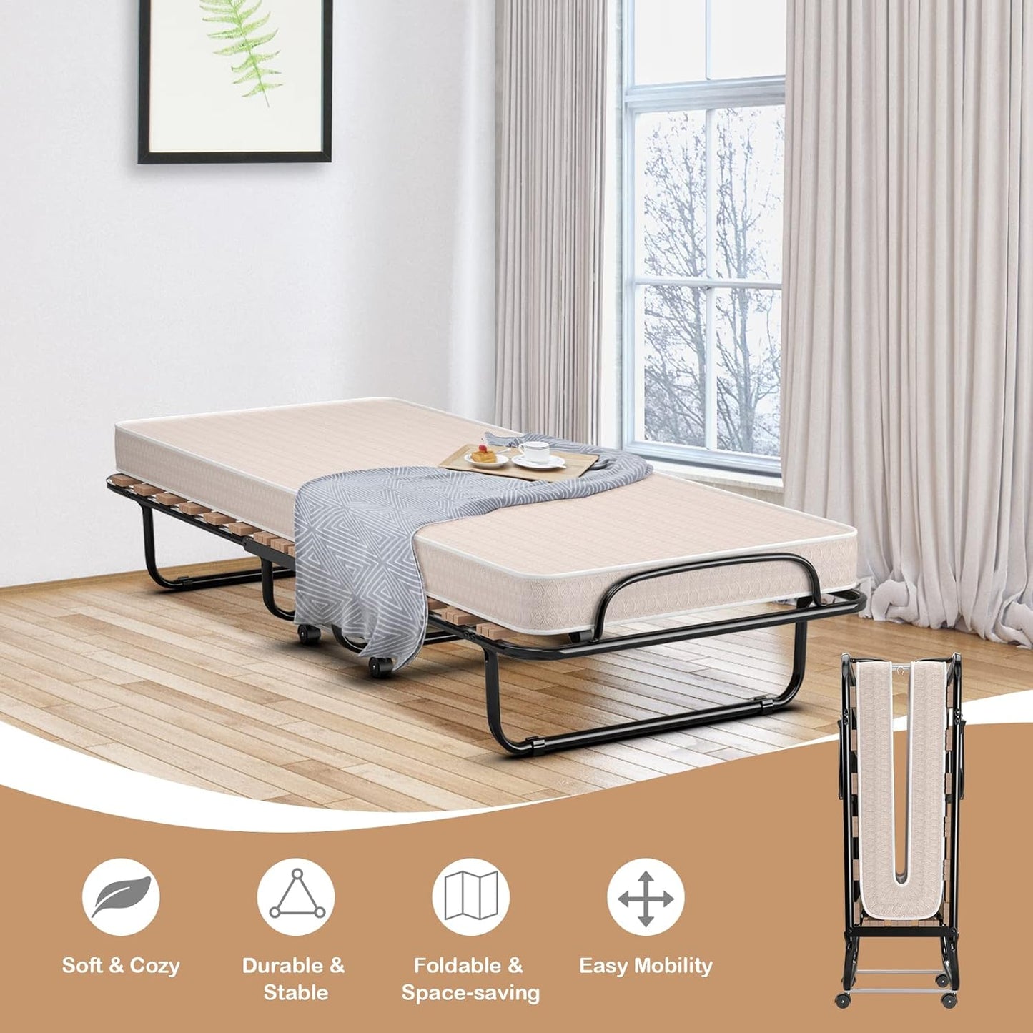 Cama plegable plegable con colchón de espuma viscoelástica suave, cama portátil
