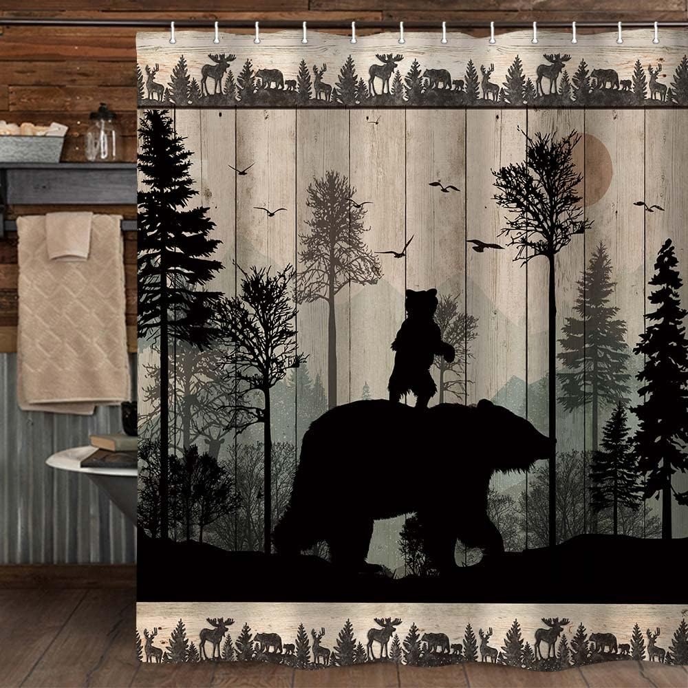 Juego de cortinas de ducha de oso rústico, diseño de bosque y bosque, caza,