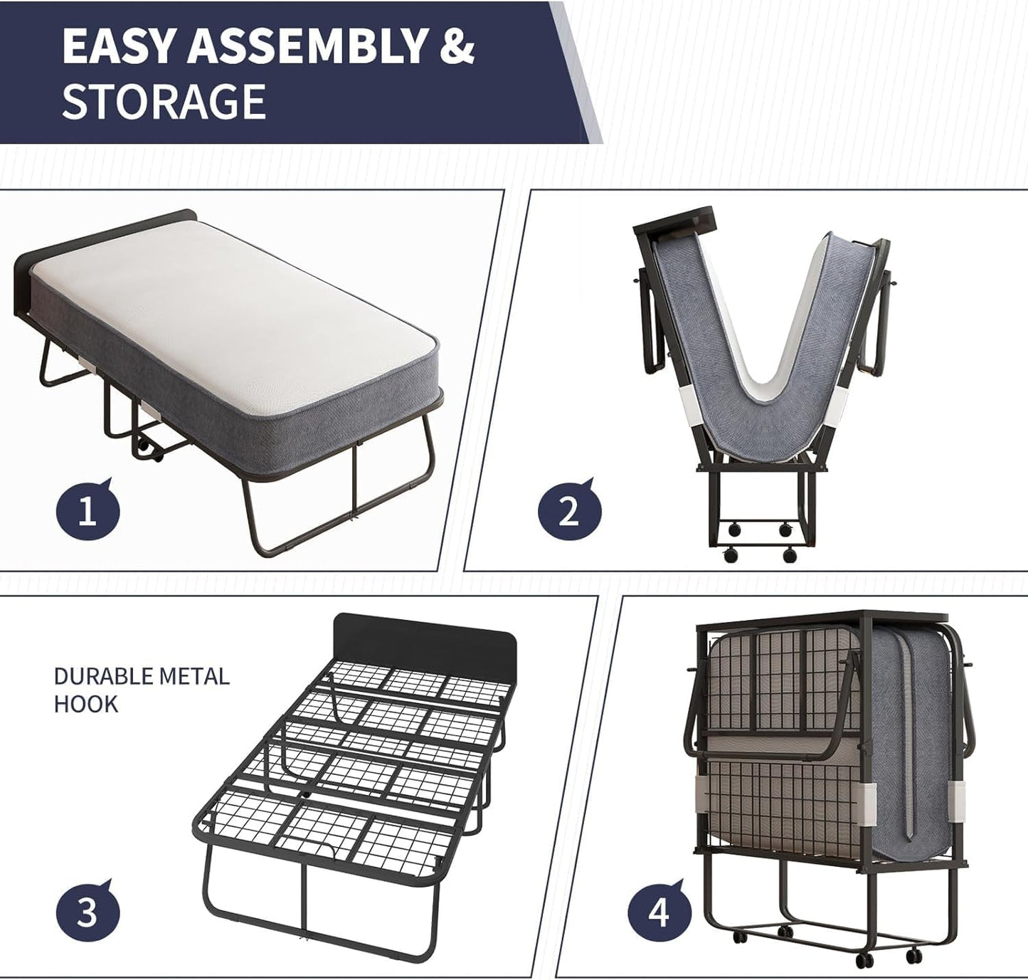 Cama plegable, cama plegable de 75 x 38 pulgadas con colchón de 5 pulgadas de