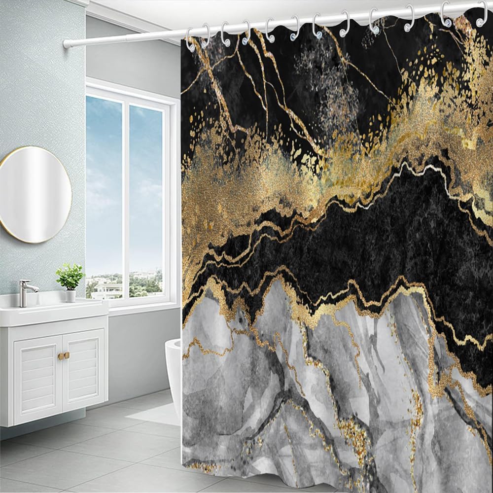 Cortina de ducha de mármol blanco y negro de 65 x 72 pulgadas, con purpurina