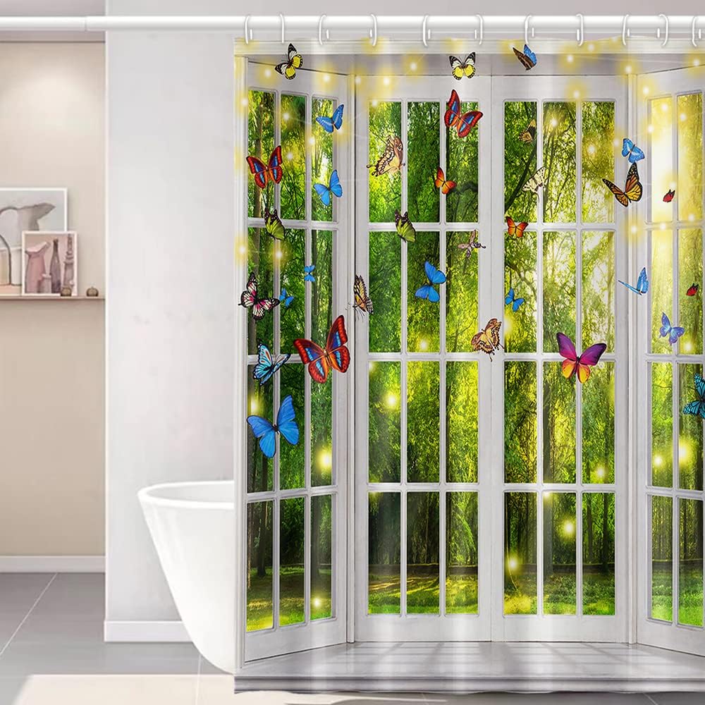 Cortina de ducha de mariposas para baño, árboles verdes, parque forestal,