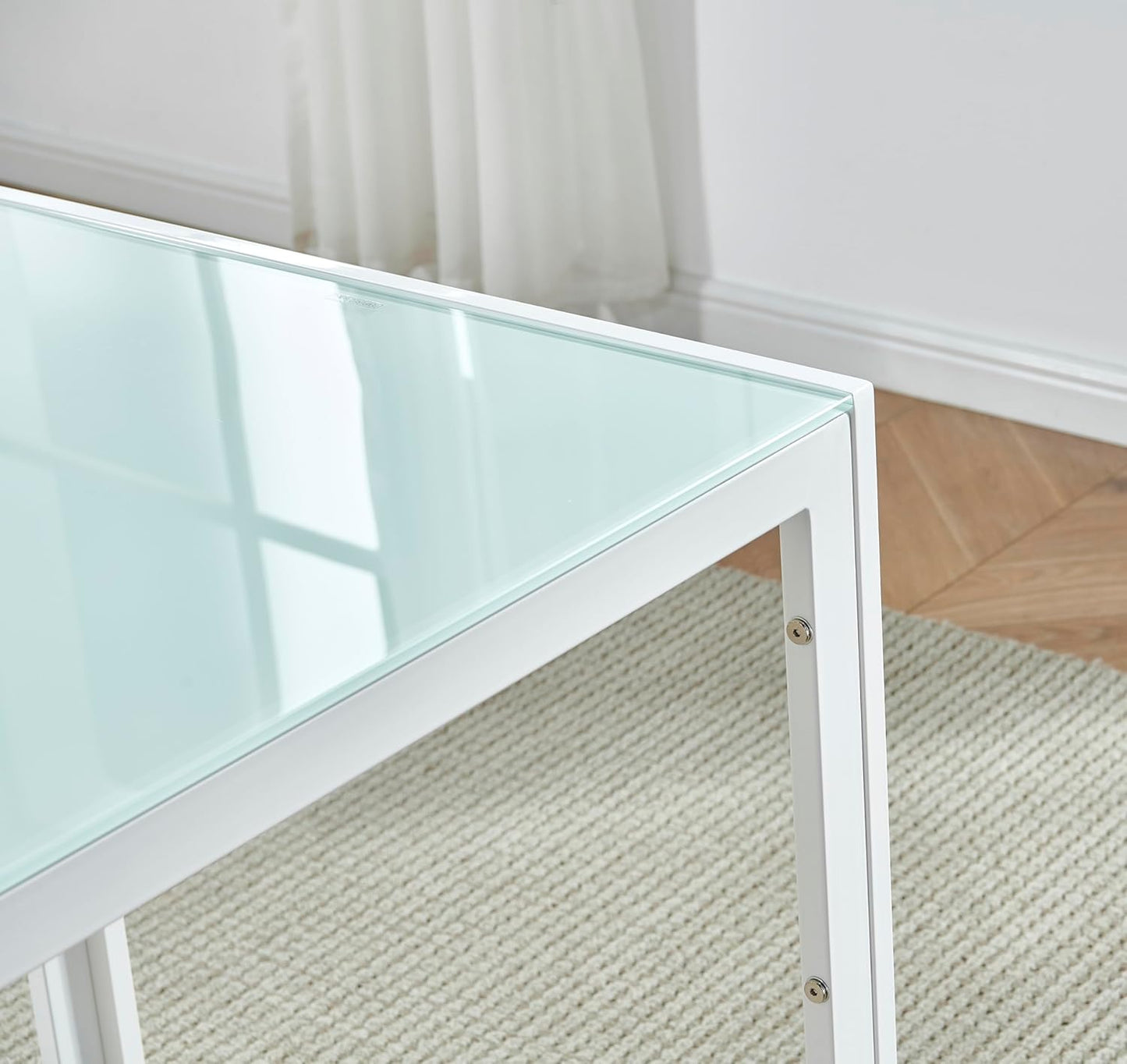 Mesa de comedor rectangular moderna con parte superior de vidrio blanco con