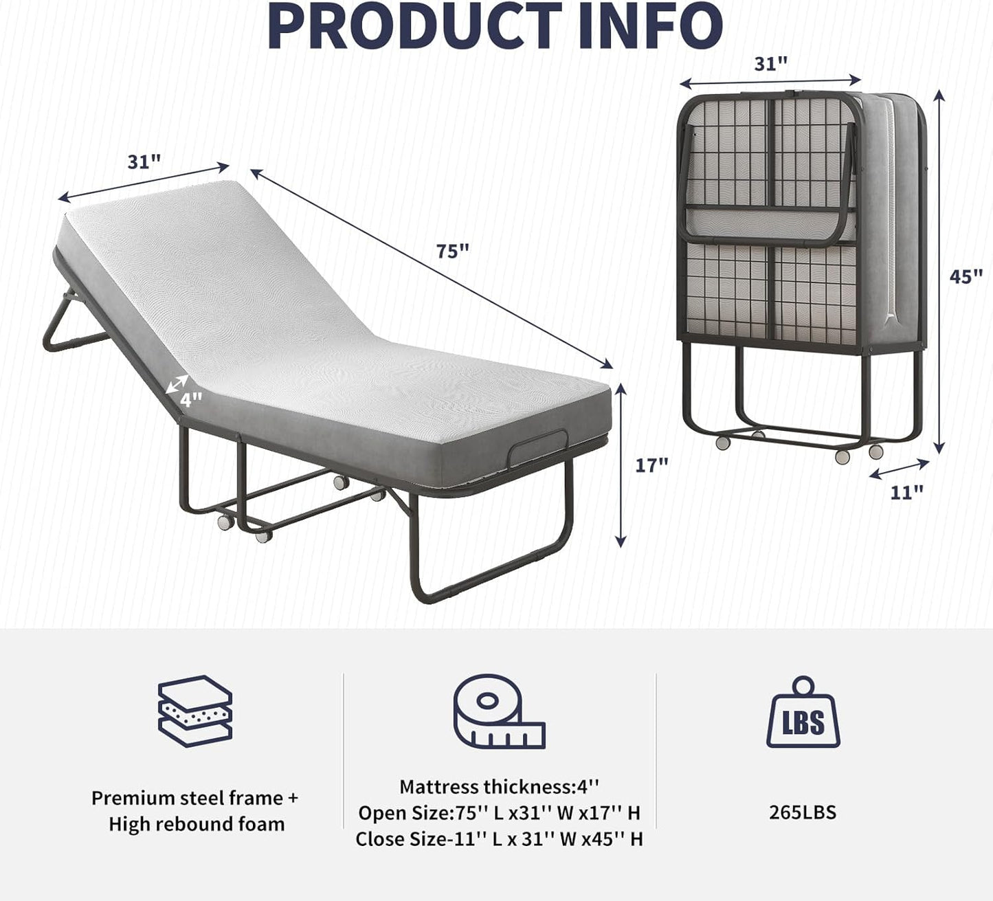 Cama plegable con colchón de esponja viscoelástica de 4 pulgadas, cama portátil