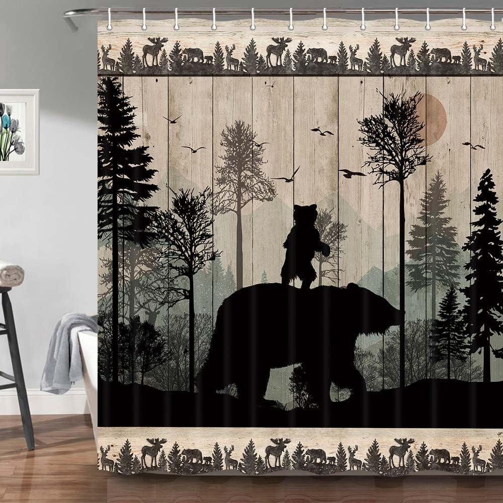 Juego de cortinas de ducha de oso rústico, diseño de bosque y bosque, caza,