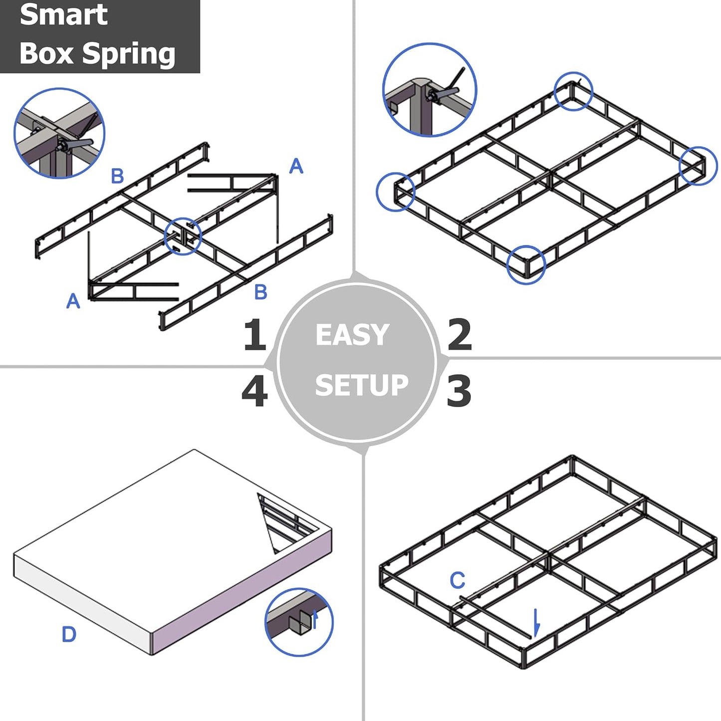 Somier de 7 pulgadas para cama matrimonial, base de colchón de marco de metal
