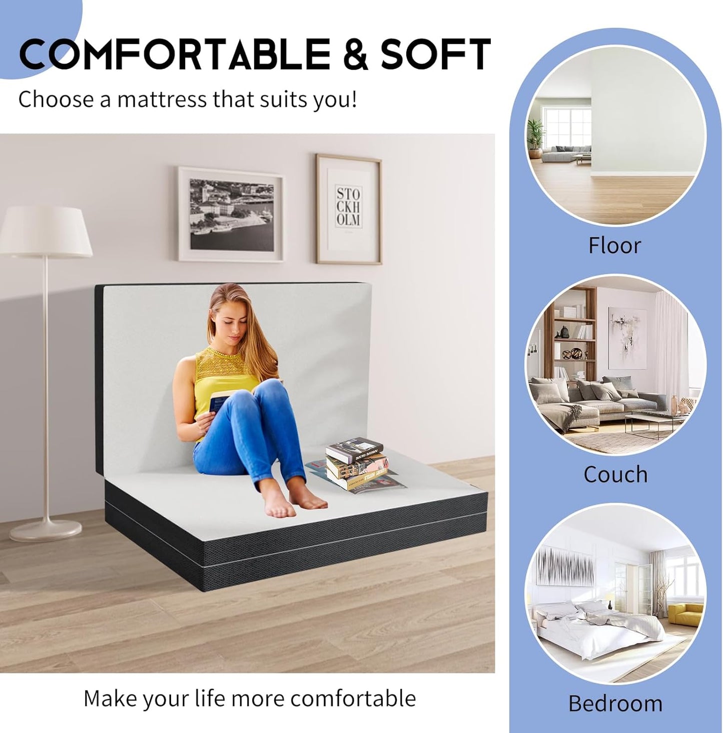Colchón de espuma viscoelástica triple plegable de 4 pulgadas, portátil,