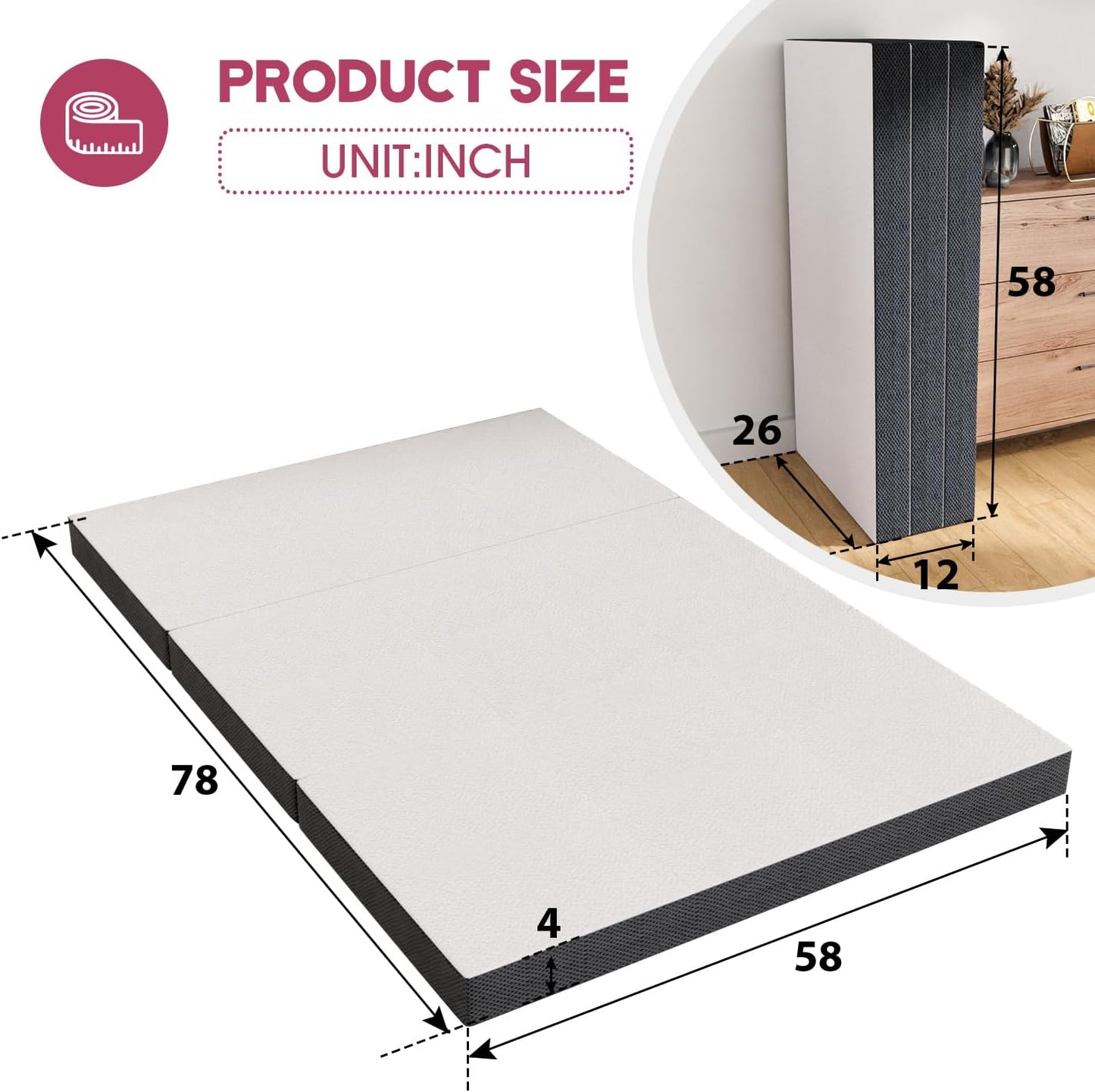 Colchón triple plegable de espuma viscoelástica de 4 pulgadas, cubrecolchón