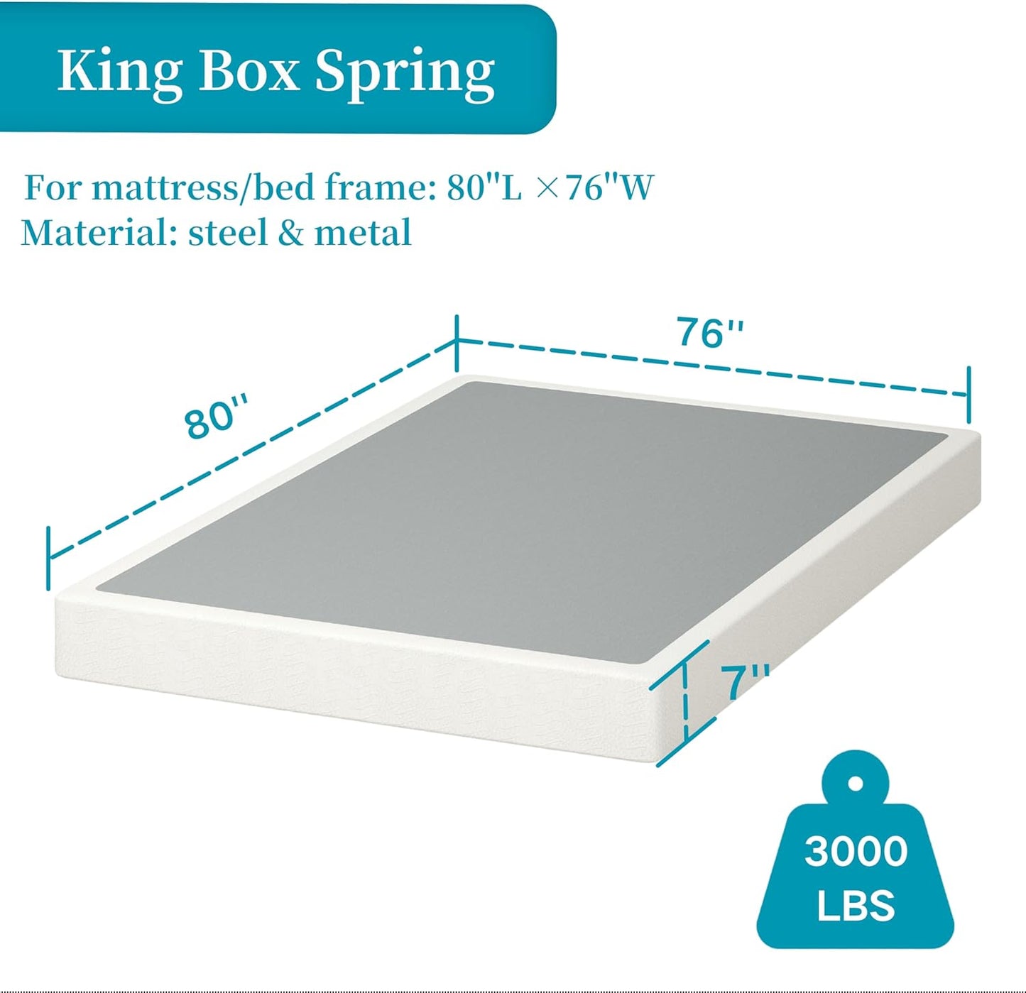 Somier de 7 pulgadas para cama King, base de colchón de marco de metal fuerte