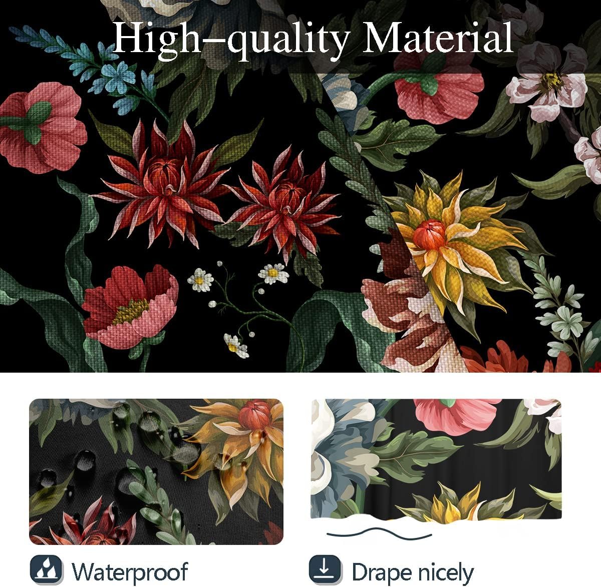Cortina de ducha floral vintage bohemia negra con flores oscuras, acuarela