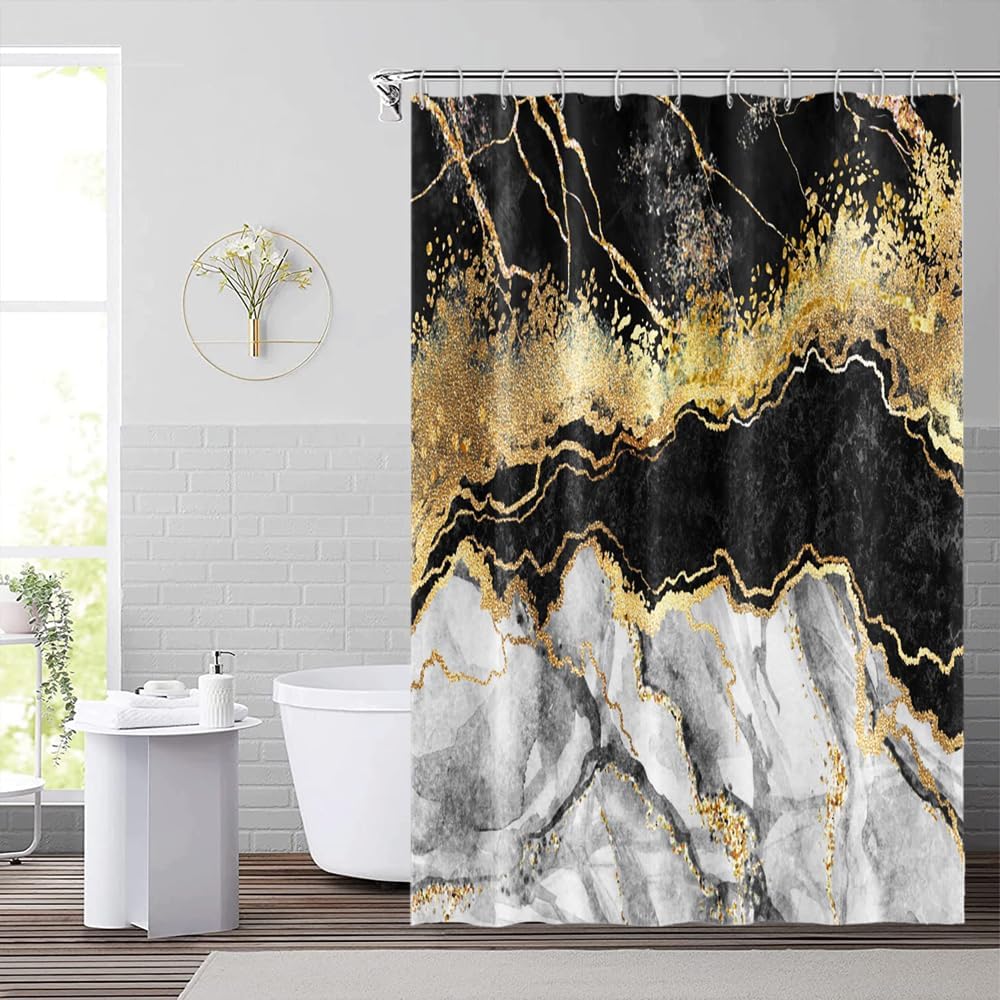 Cortina de ducha de mármol blanco y negro de 65 x 72 pulgadas, con purpurina