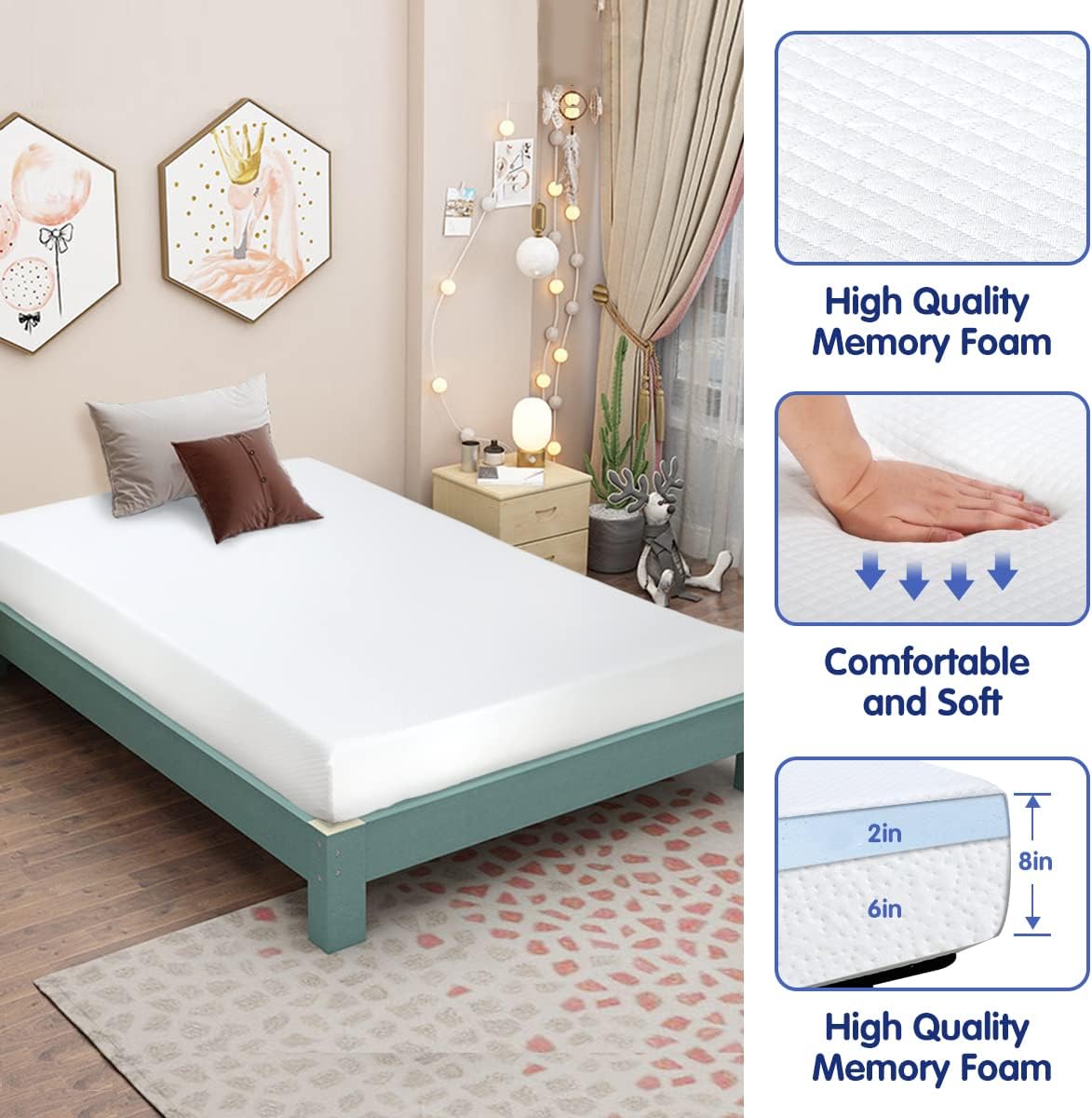 Colchón individual de espuma viscoelástica de gel de 8 pulgadas para un sueño
