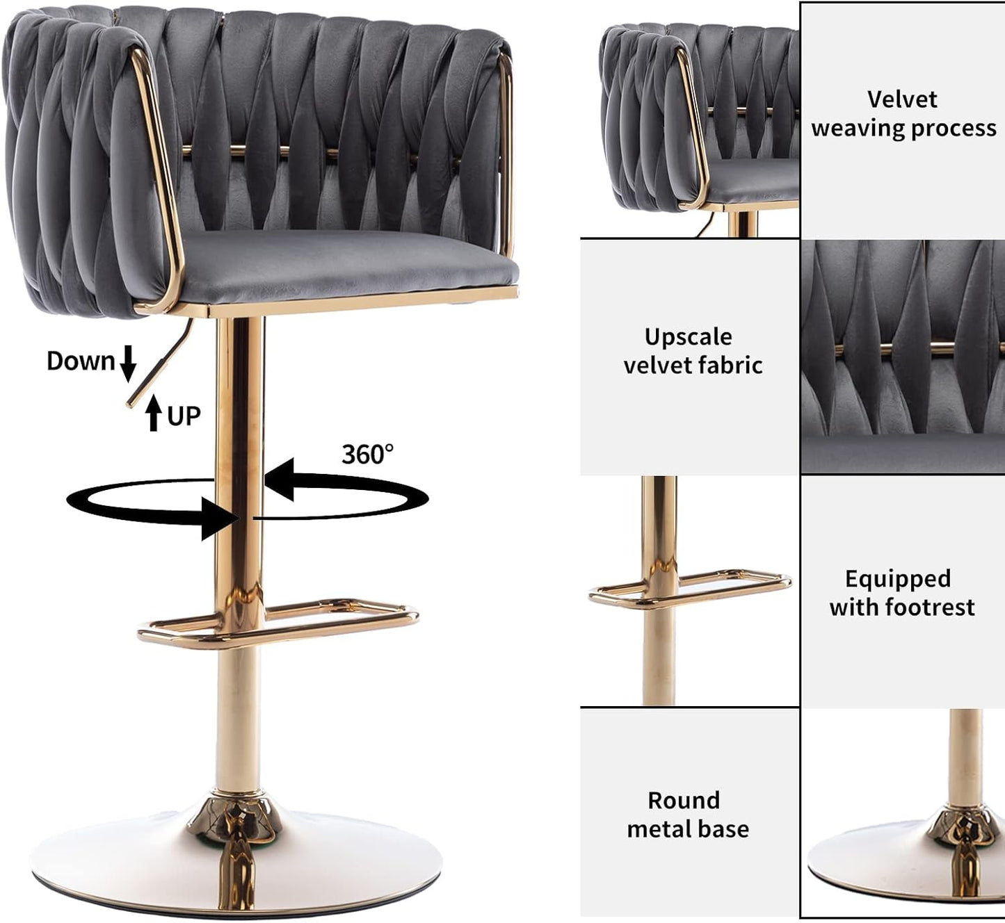Taburete de bar, taburetes de bar tejidos de terciopelo, taburetes de bar