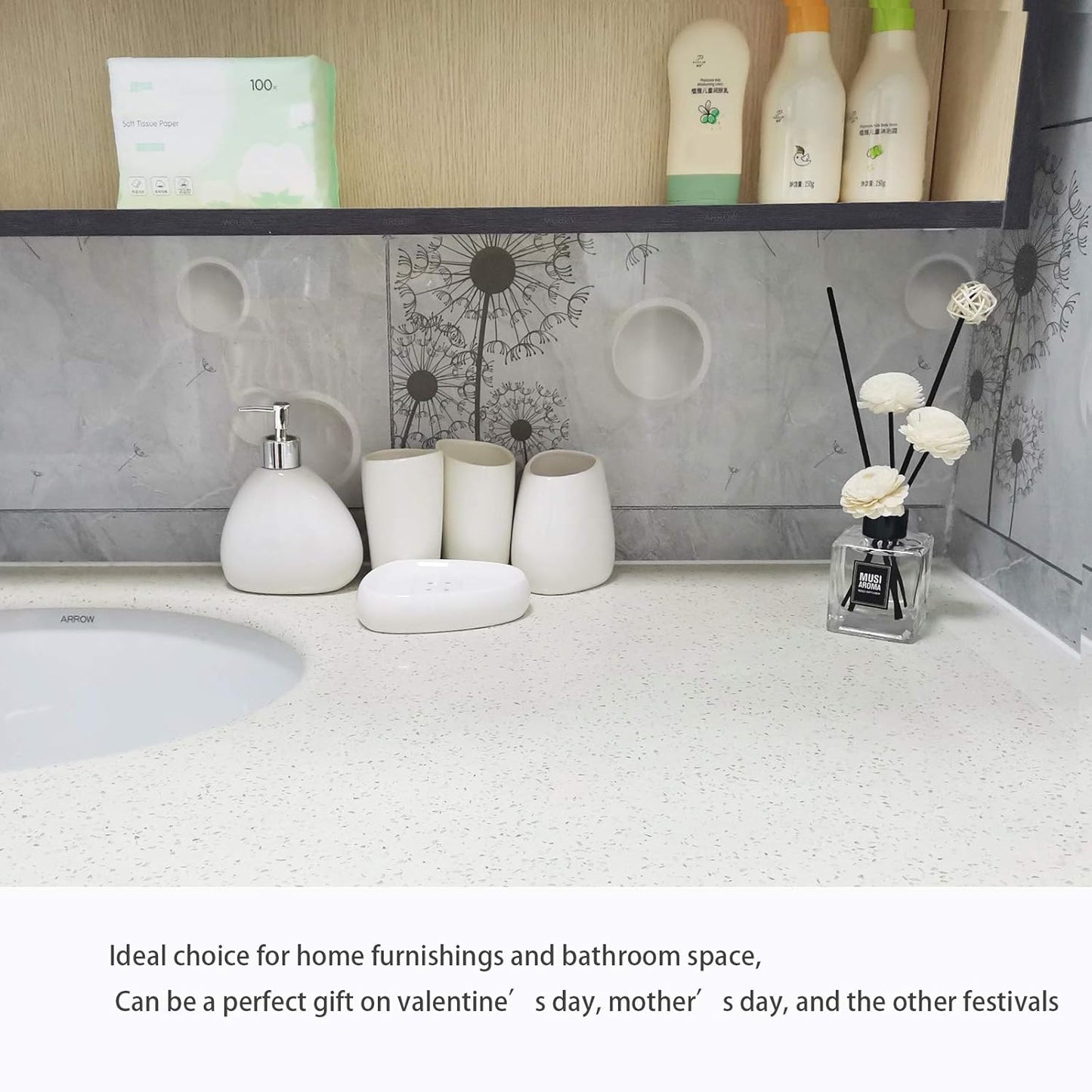 Juego de accesorios de baño de cerámica blanca, juego de encimera de tocador de
