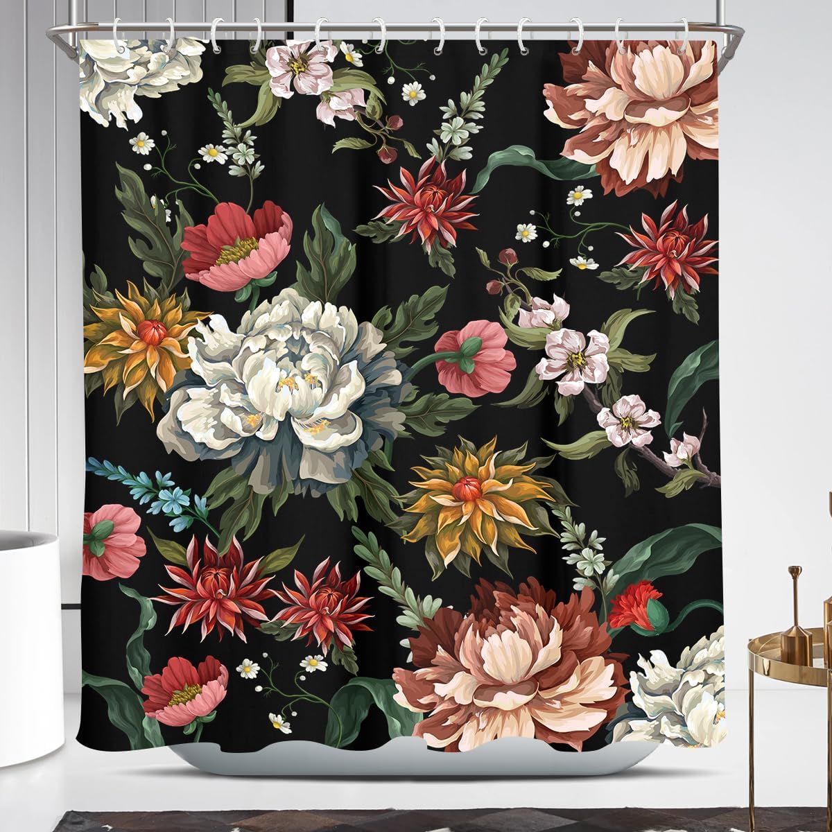 Cortina de ducha floral vintage bohemia negra con flores oscuras, acuarela