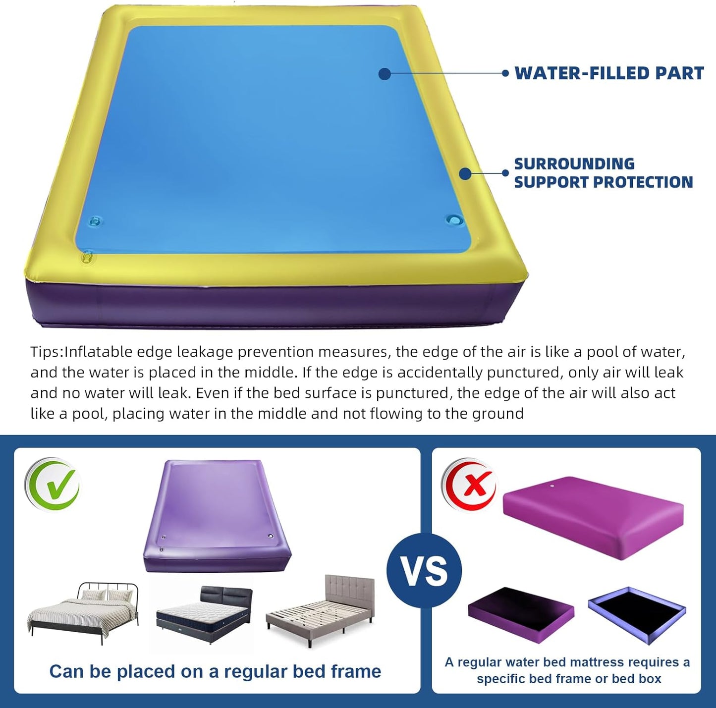 Free Flow Colchón de agua de onda completa Cama de agua cuadrada de PVC púrpura