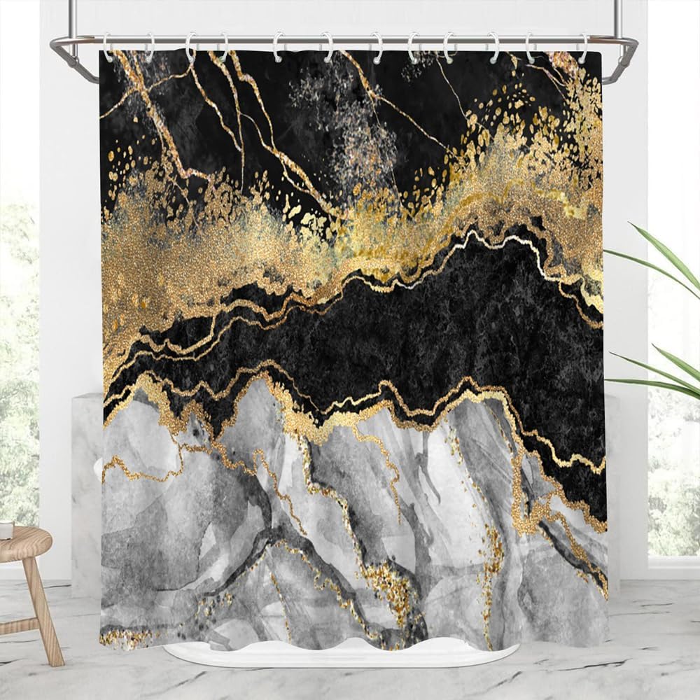 Cortina de ducha de mármol blanco y negro de 65 x 72 pulgadas, con purpurina