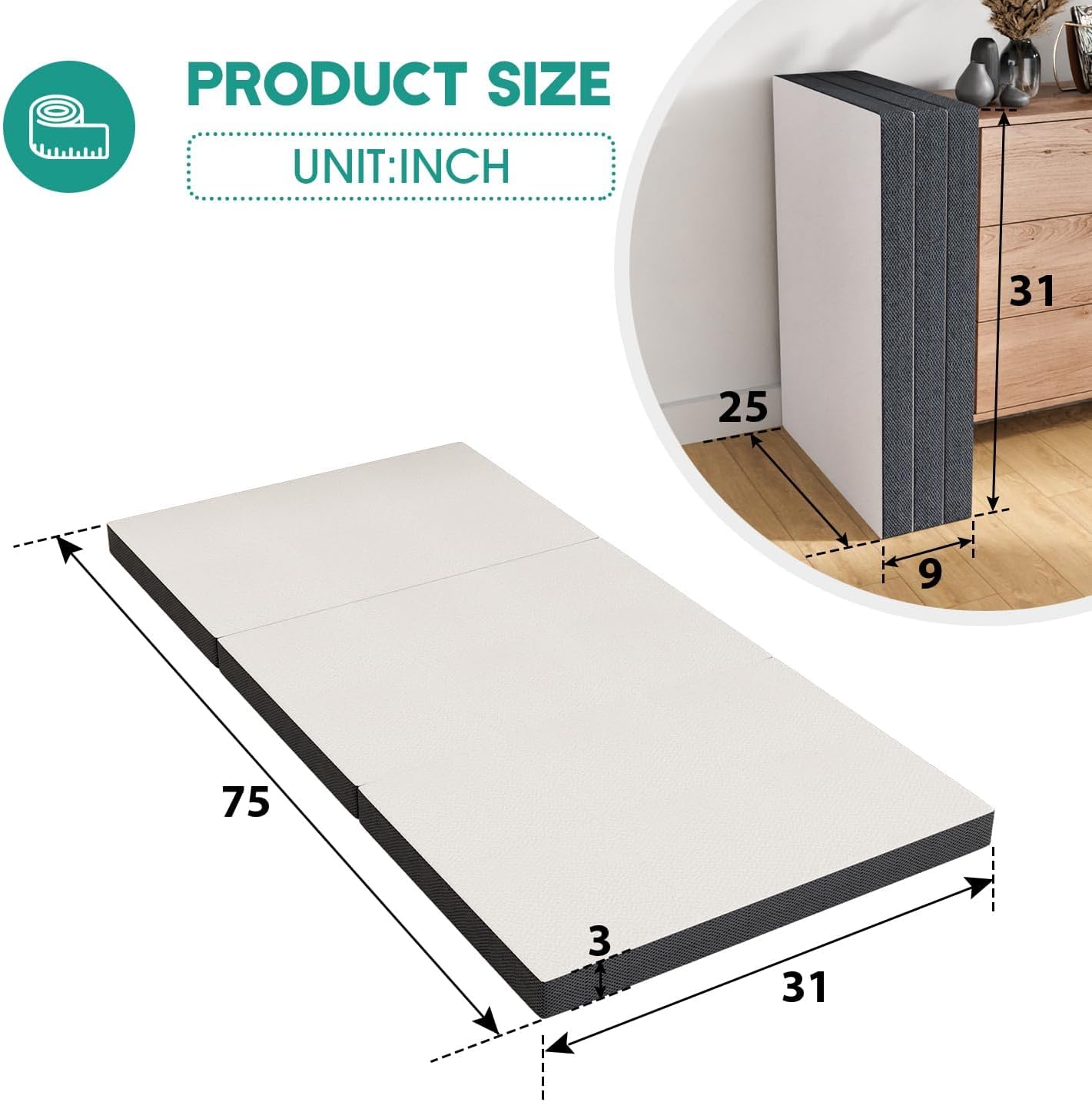 Colchón plegable de 3 pulgadas con funda transpirable y lavable, colchón de