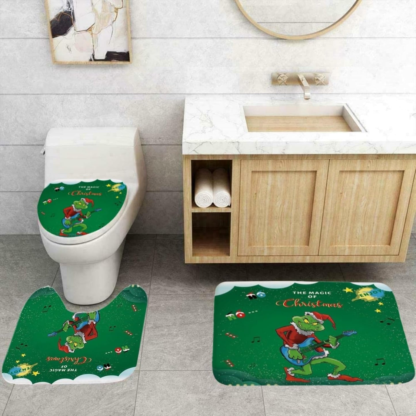 Juego de 4 cortinas de ducha navideñas con alfombras antideslizantes, cubierta