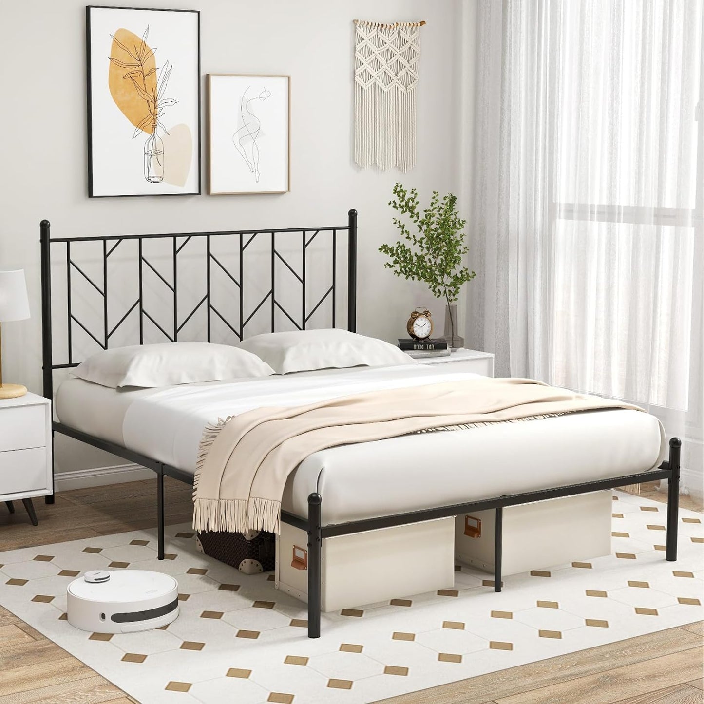 Base de cama de metal negro Queen con cabecera de estilo victoriano, plataforma