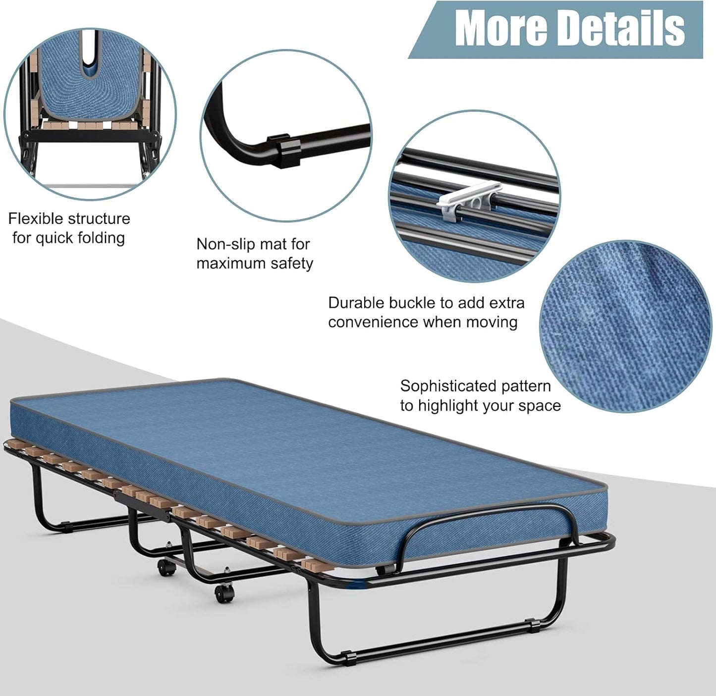 Cama plegable con colchón de 3 pulgadas, juego de cama portátil individual