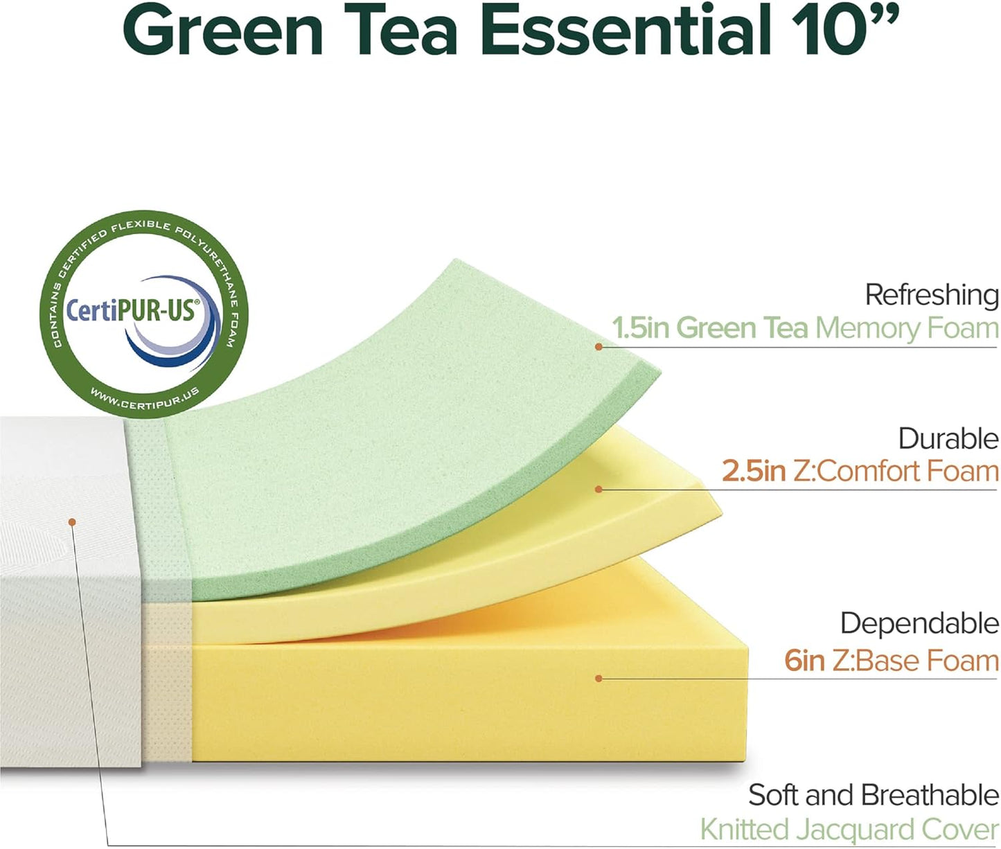 Colchón de espuma viscoelástica esencial de té verde de 10 pulgadas, cama en